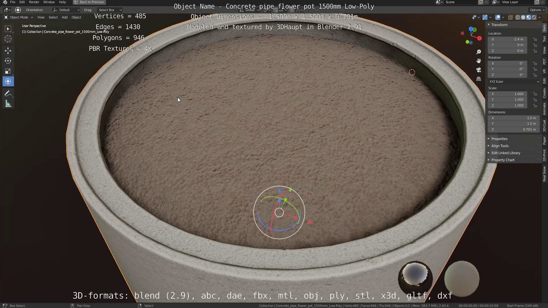 Concrete Pipe Flower Pot 1500mm Low-Poly Low-poly 3D model_102