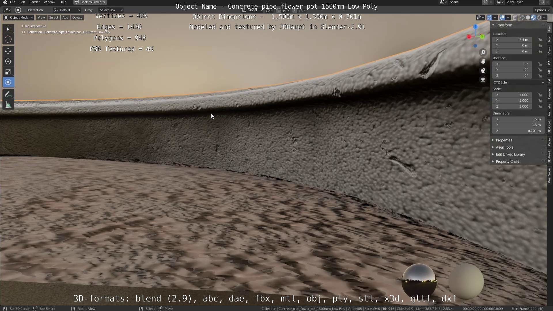 Concrete Pipe Flower Pot 1500mm Low-Poly Low-poly 3D model_111