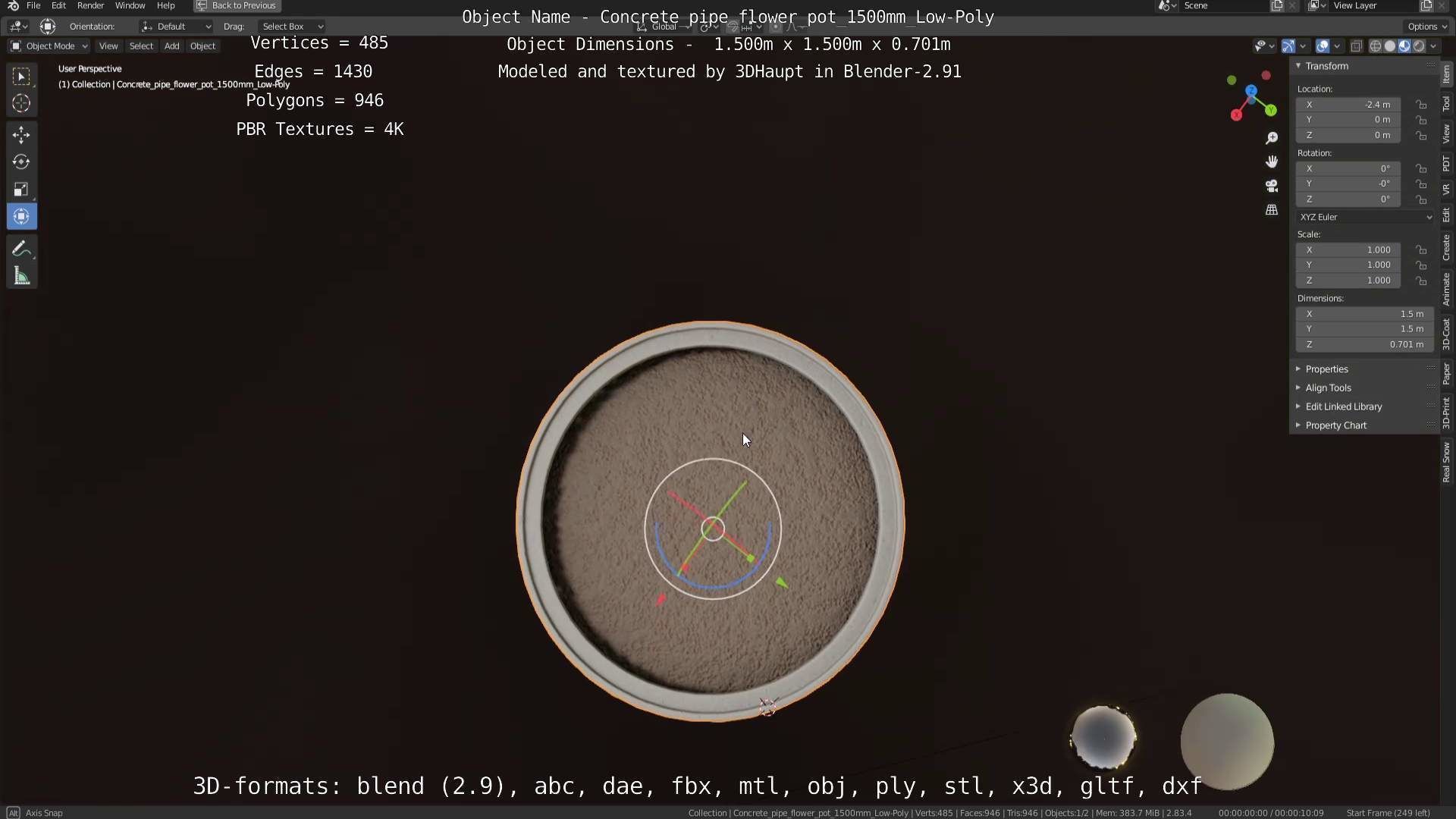 Concrete Pipe Flower Pot 1500mm Low-Poly Low-poly 3D model_119