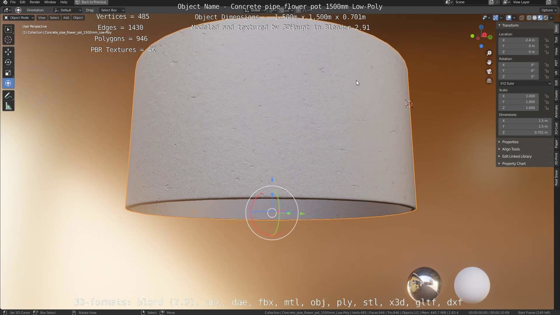 Concrete Pipe Flower Pot 1500mm Low-Poly Low-poly 3D model_59