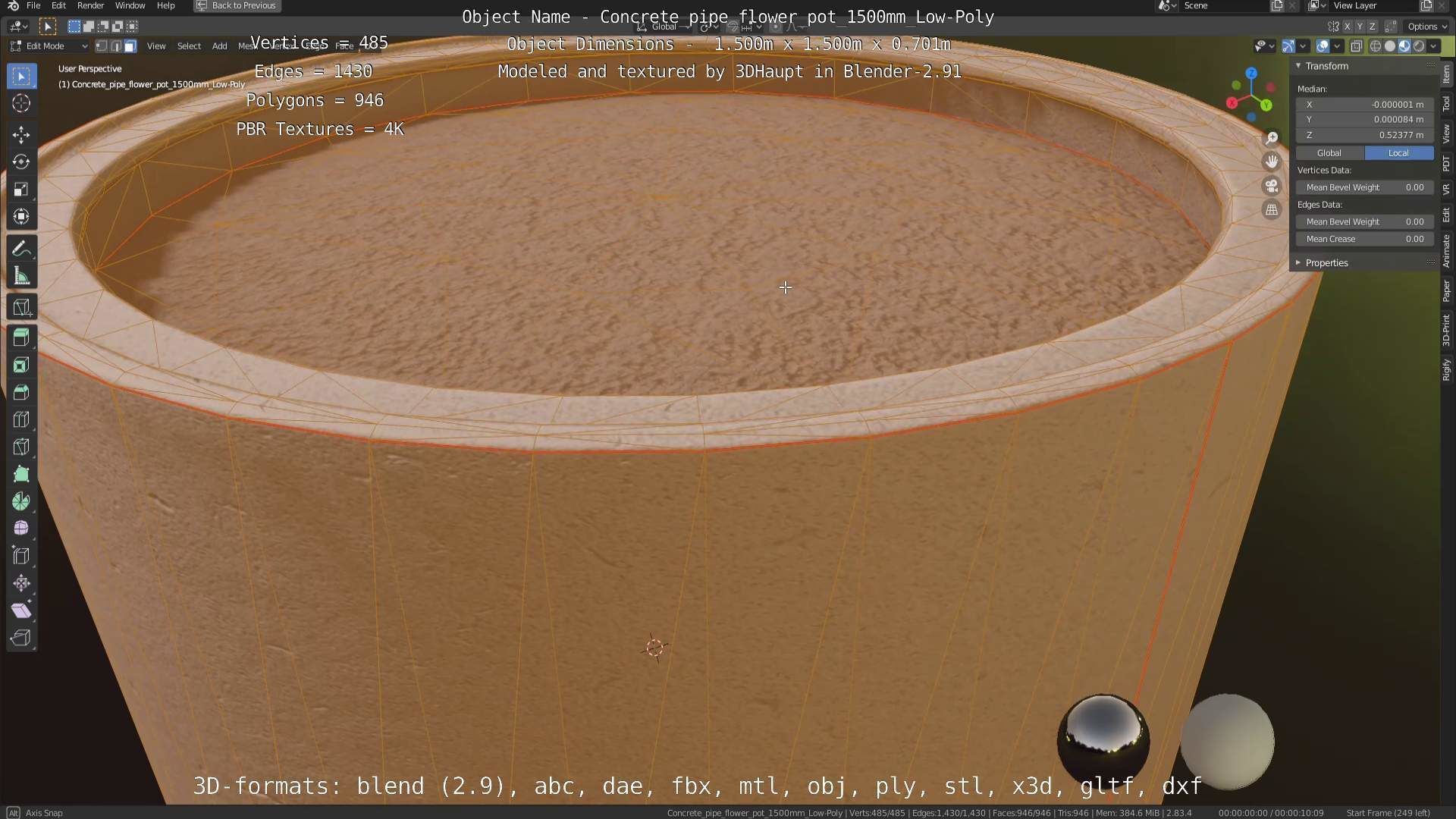 Concrete Pipe Flower Pot 1500mm Low-Poly Low-poly 3D model_89