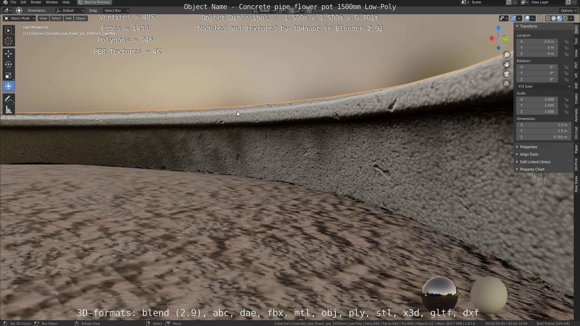 Concrete Pipe Flower Pot 1500mm Low-Poly Low-poly 3D model_112