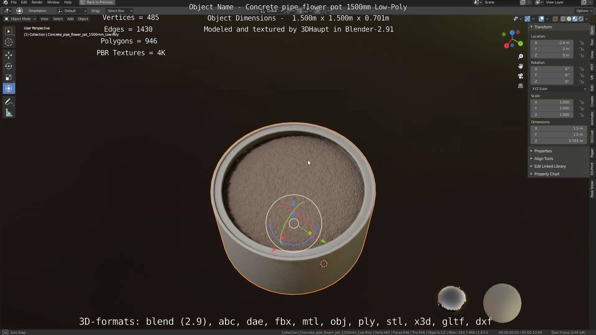 Concrete Pipe Flower Pot 1500mm Low-Poly Low-poly 3D model_118