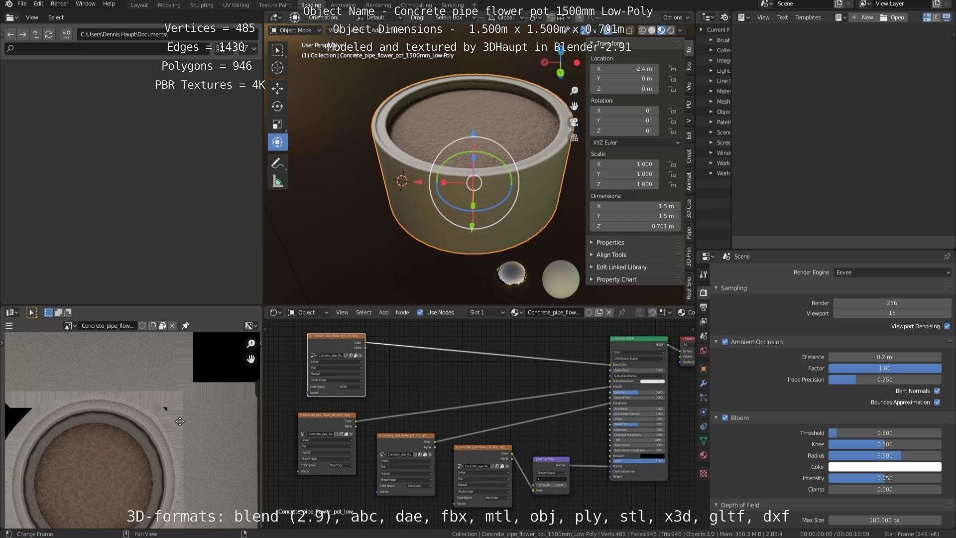 Concrete Pipe Flower Pot 1500mm Low-Poly Low-poly 3D model_11