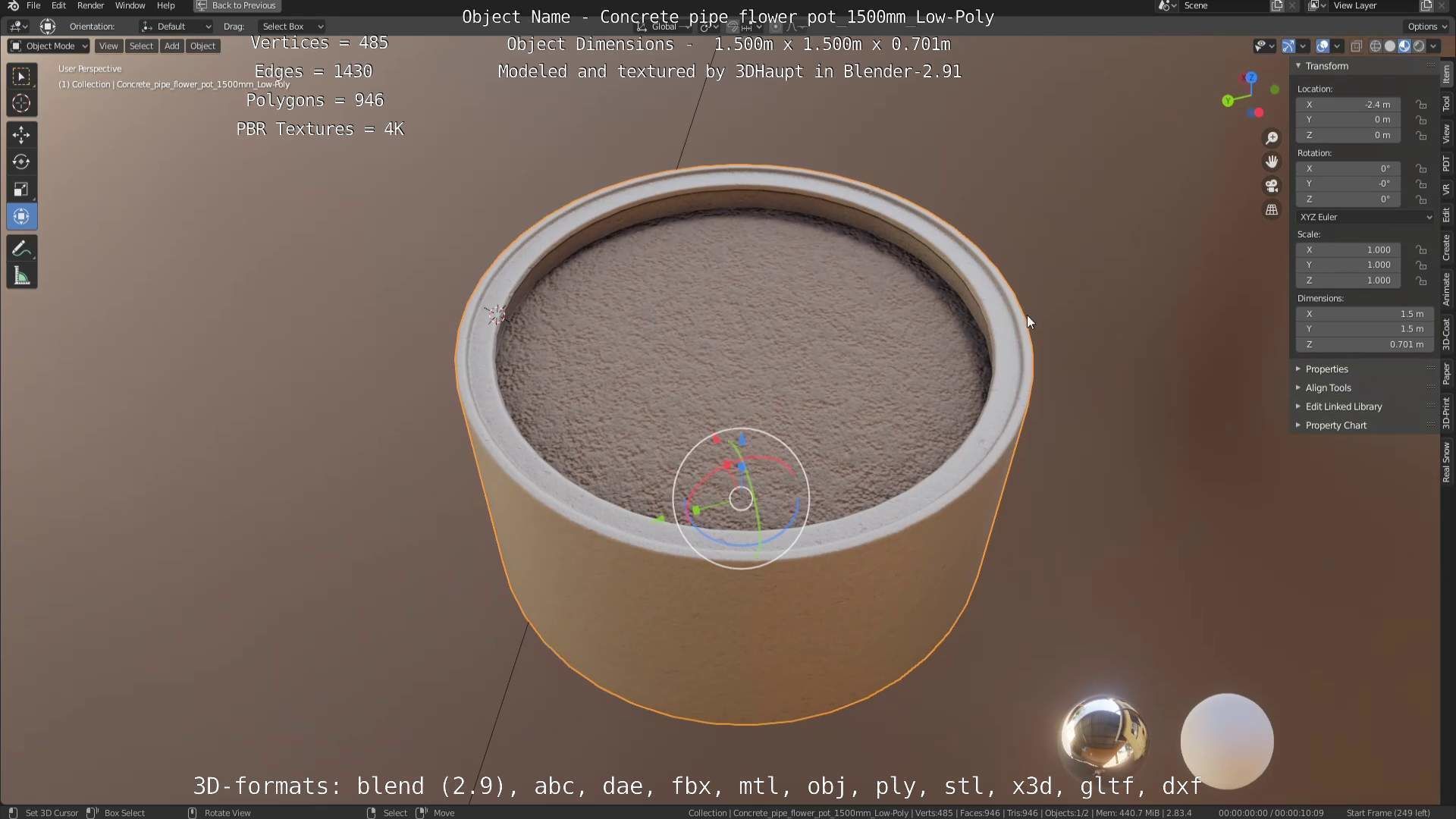 Concrete Pipe Flower Pot 1500mm Low-Poly Low-poly 3D model_73