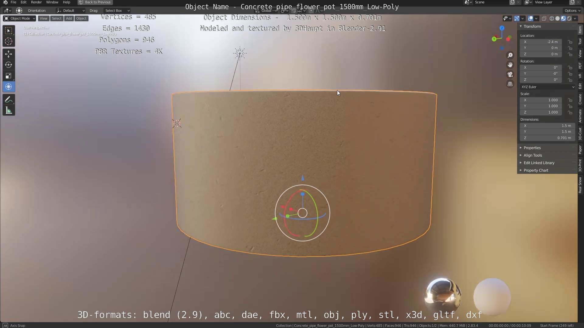 Concrete Pipe Flower Pot 1500mm Low-Poly Low-poly 3D model_53