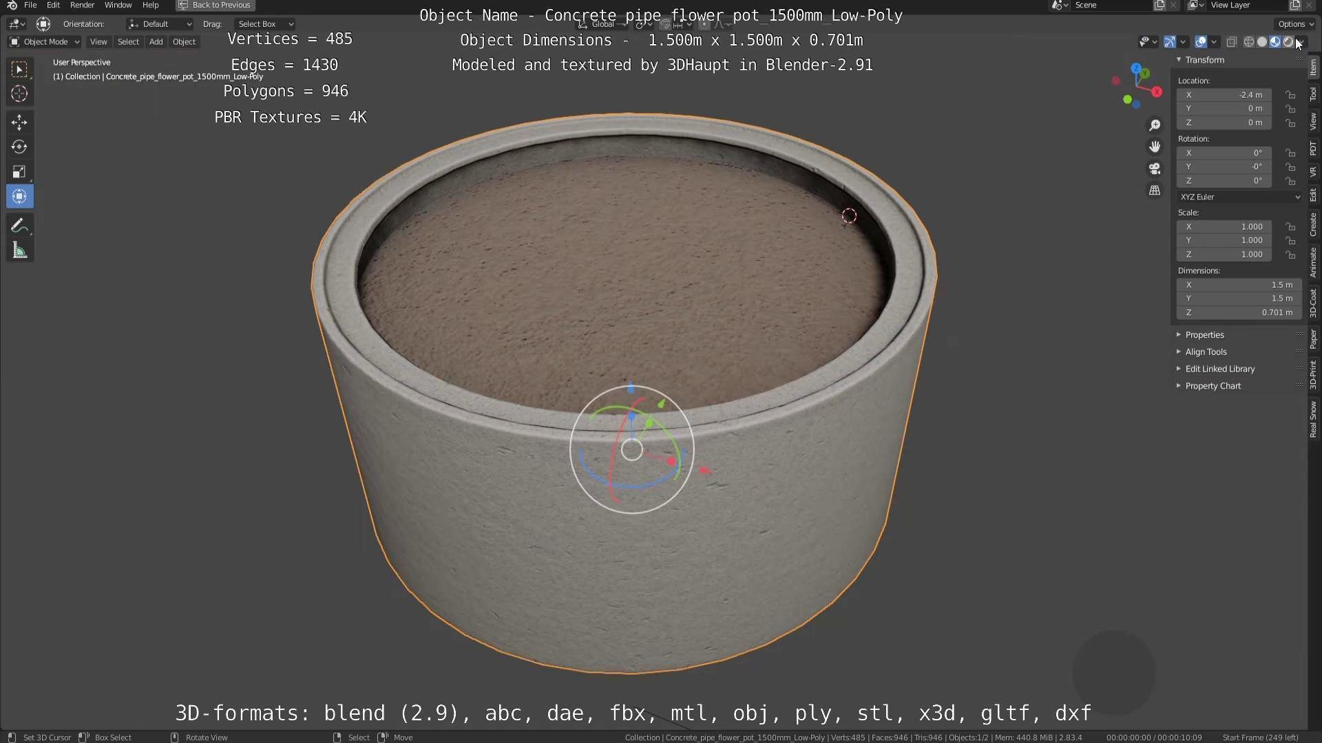 Concrete Pipe Flower Pot 1500mm Low-Poly Low-poly 3D model_34