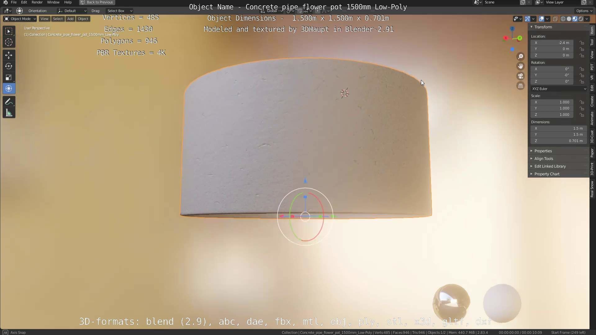 Concrete Pipe Flower Pot 1500mm Low-Poly Low-poly 3D model_54