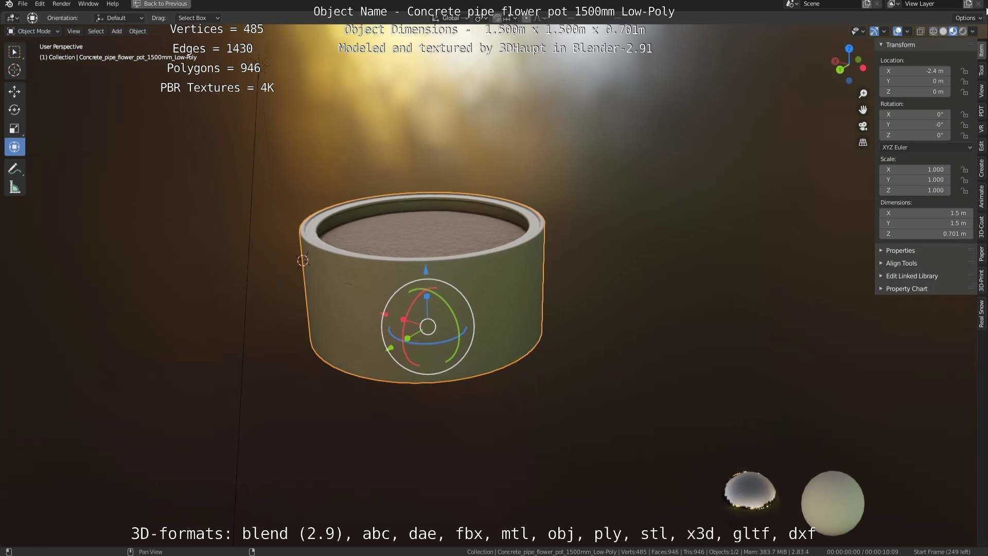 Concrete Pipe Flower Pot 1500mm Low-Poly Low-poly 3D model_31
