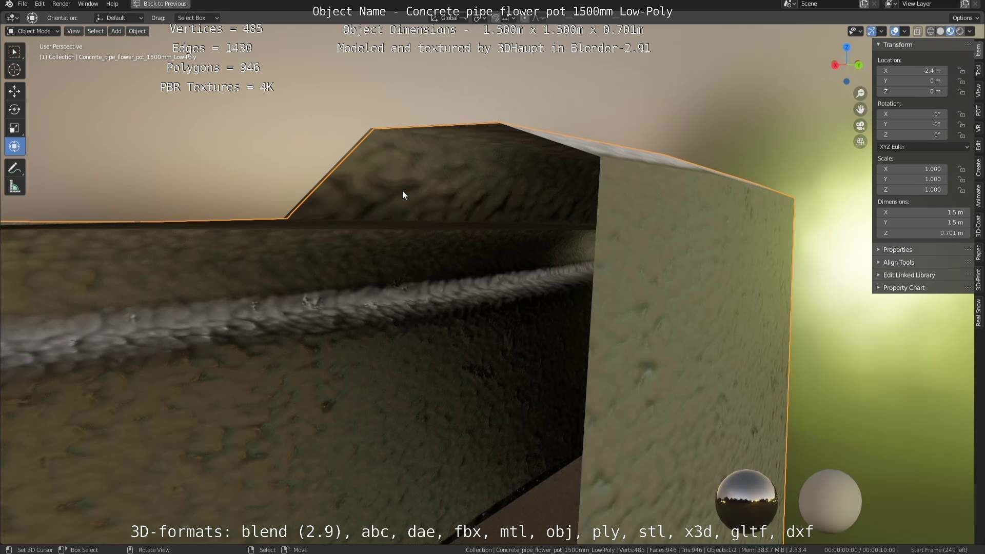 Concrete Pipe Flower Pot 1500mm Low-Poly Low-poly 3D model_114