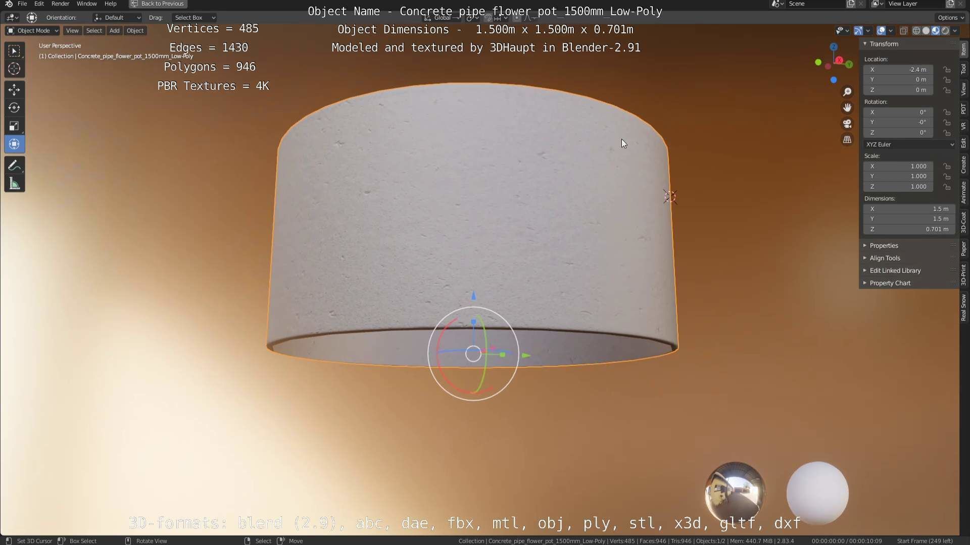 Concrete Pipe Flower Pot 1500mm Low-Poly Low-poly 3D model_58