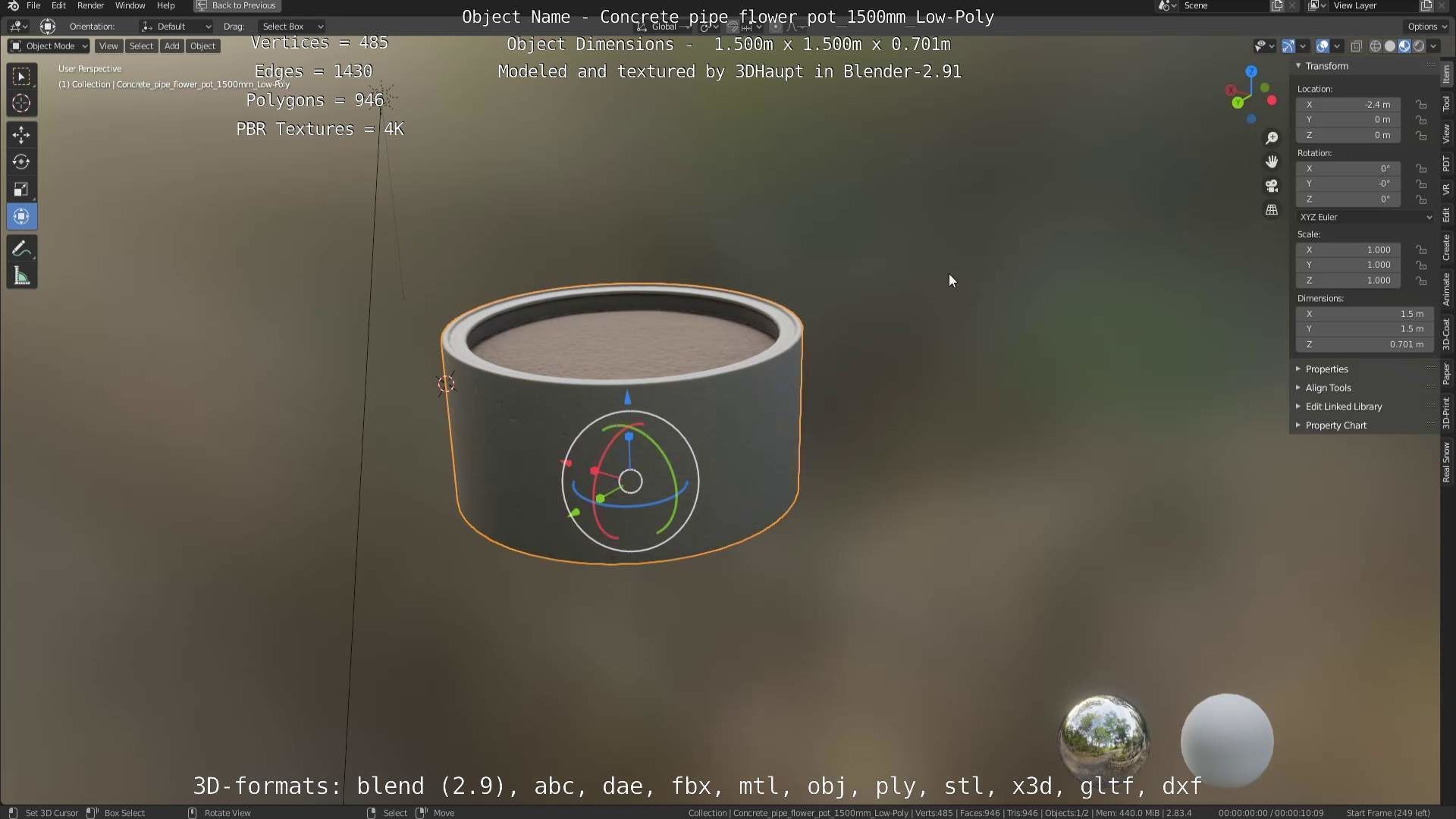 Concrete Pipe Flower Pot 1500mm Low-Poly Low-poly 3D model_24