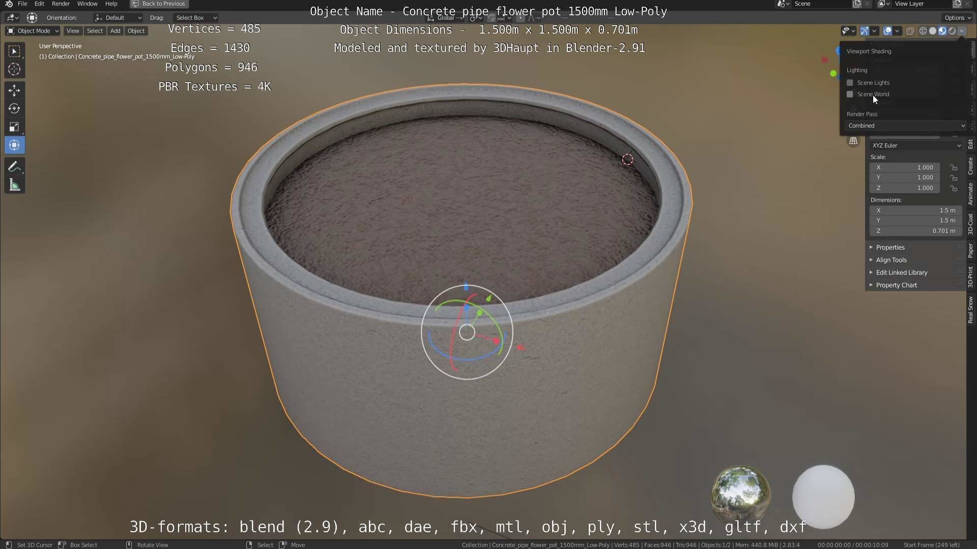 Concrete Pipe Flower Pot 1500mm Low-Poly Low-poly 3D model_41