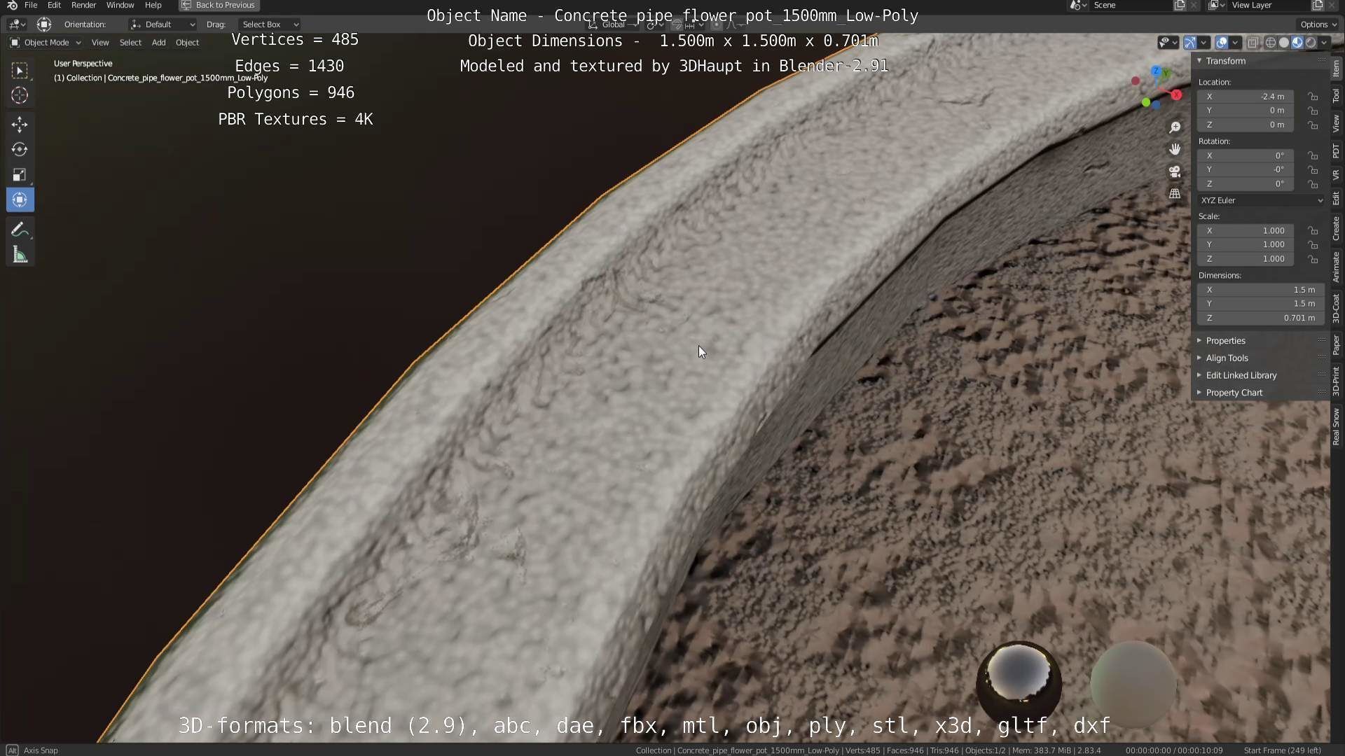 Concrete Pipe Flower Pot 1500mm Low-Poly Low-poly 3D model_106