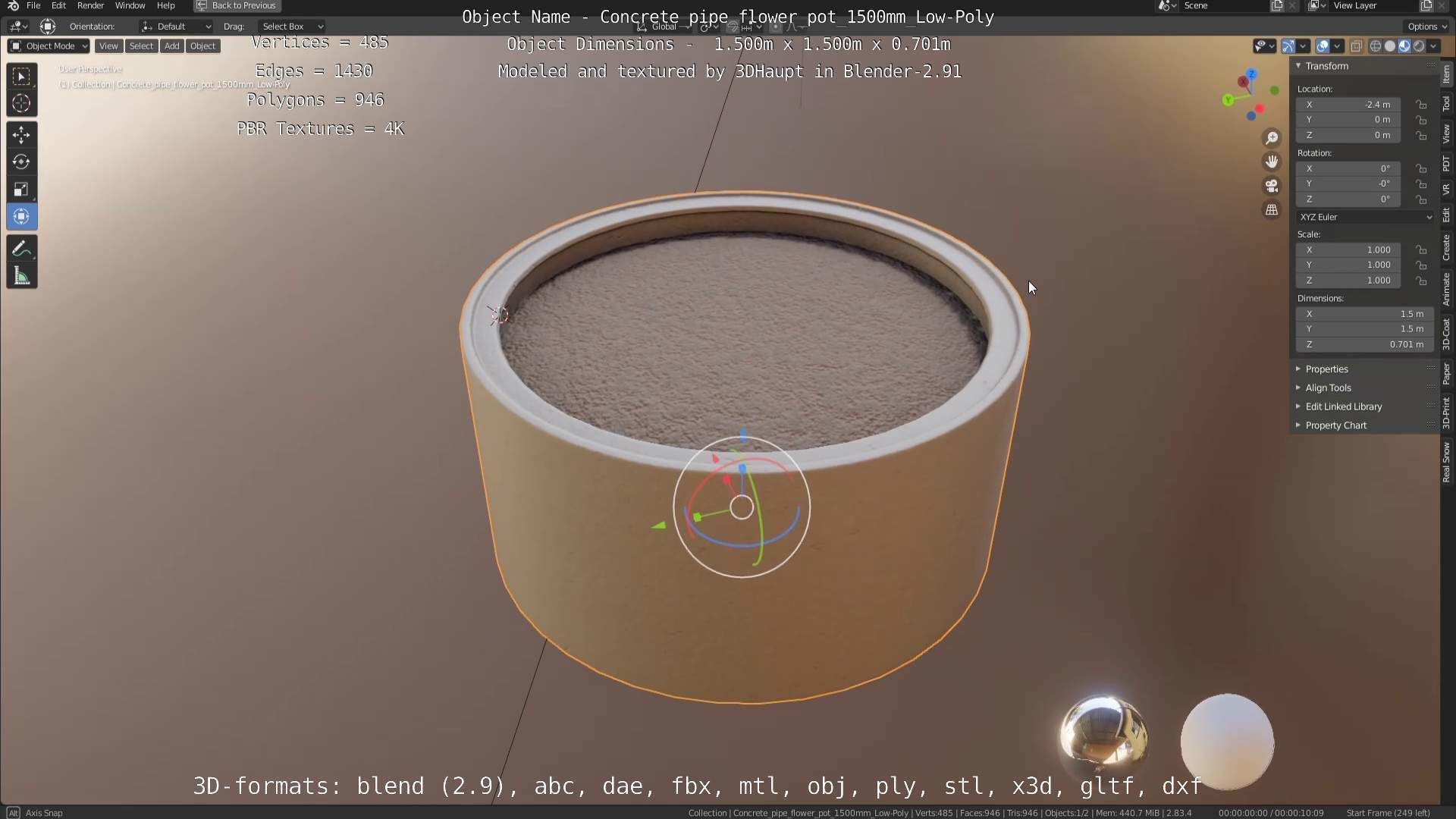 Concrete Pipe Flower Pot 1500mm Low-Poly Low-poly 3D model_4