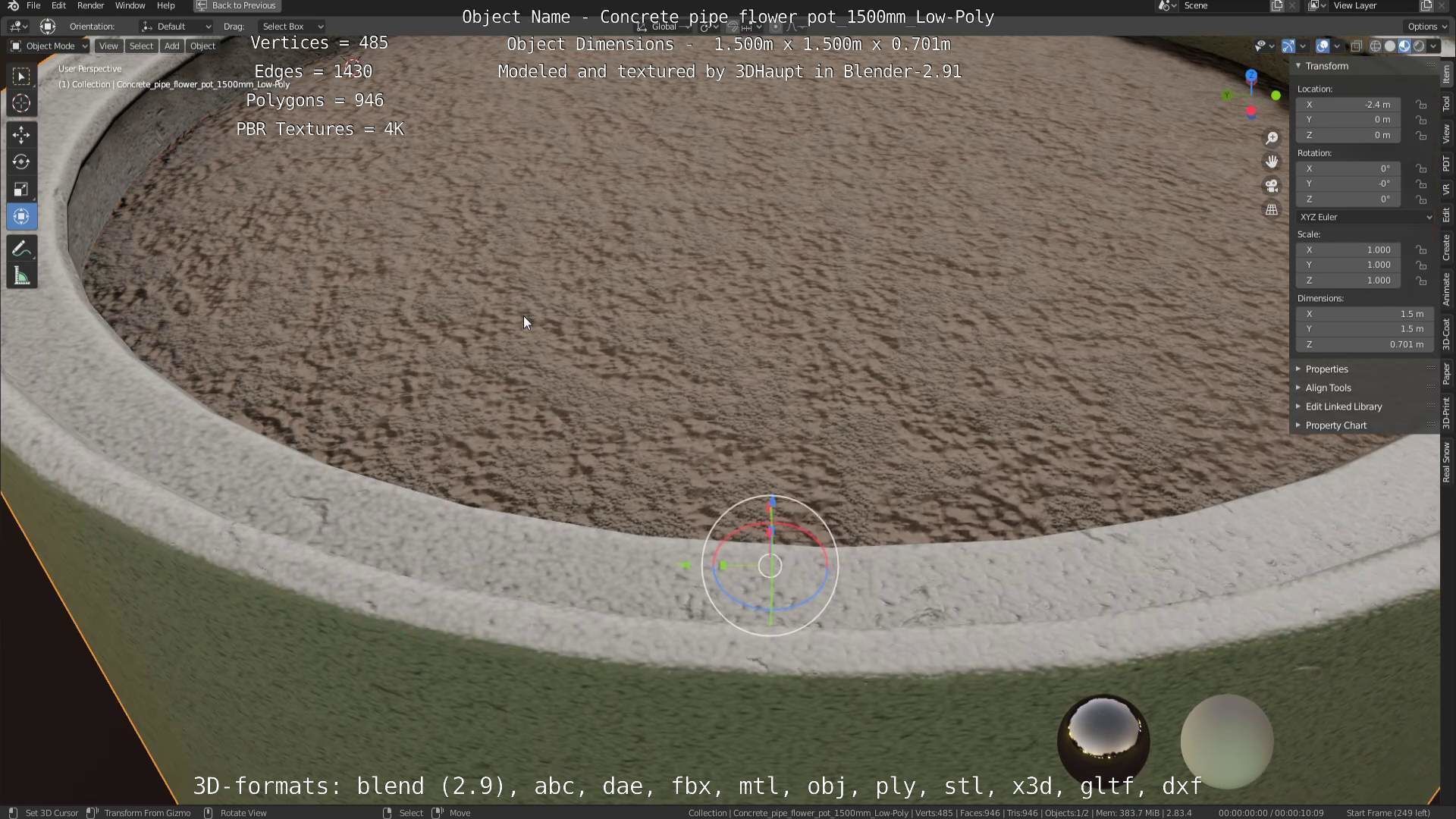 Concrete Pipe Flower Pot 1500mm Low-Poly Low-poly 3D model_96