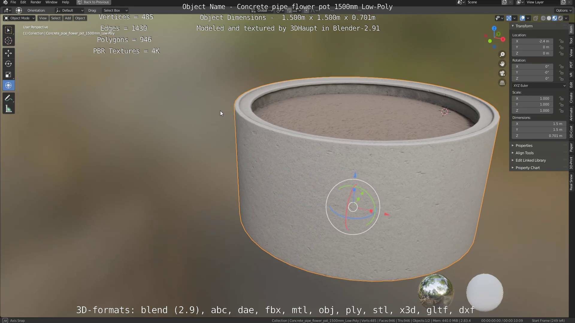 Concrete Pipe Flower Pot 1500mm Low-Poly Low-poly 3D model_26