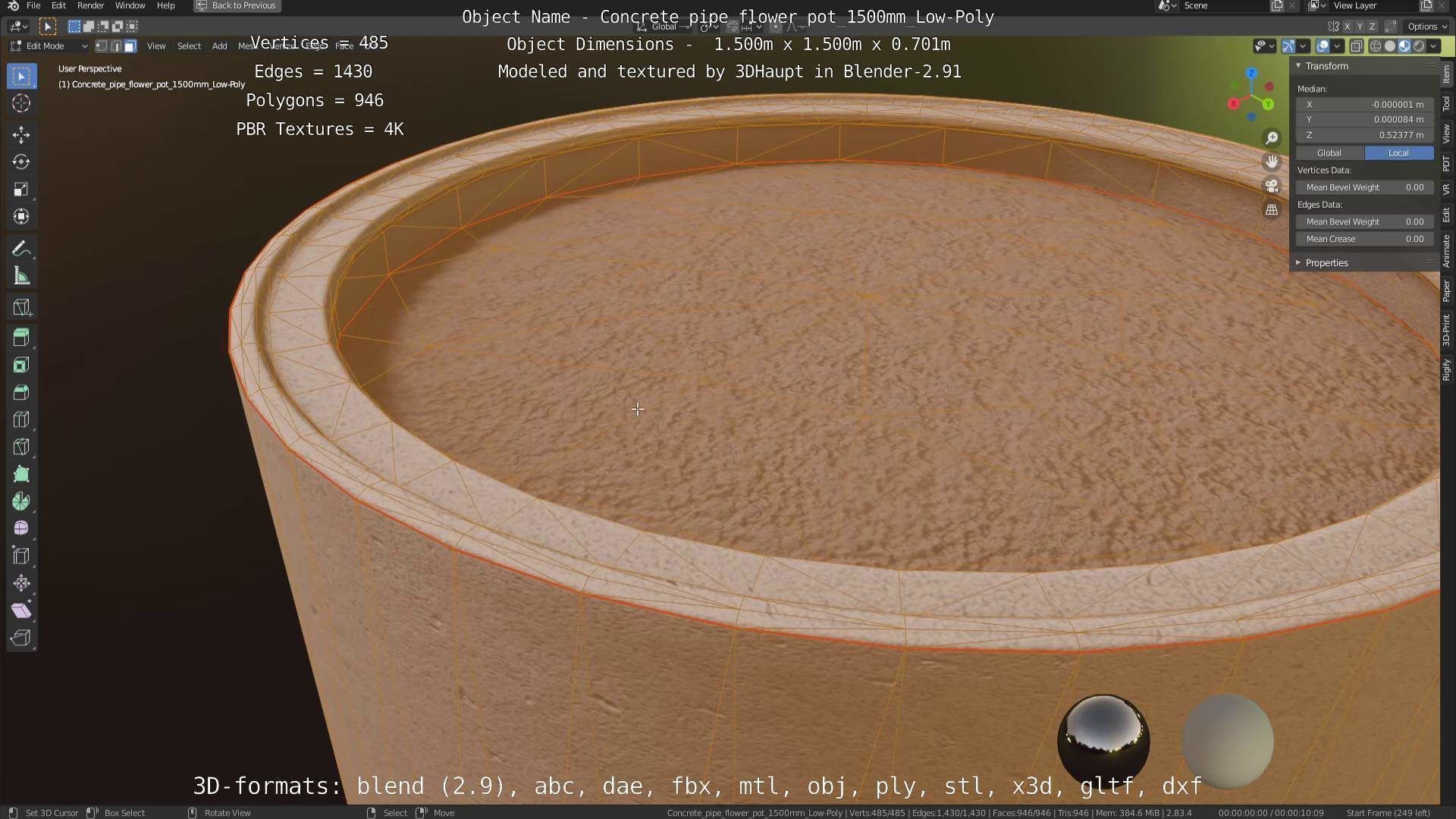 Concrete Pipe Flower Pot 1500mm Low-Poly Low-poly 3D model_85