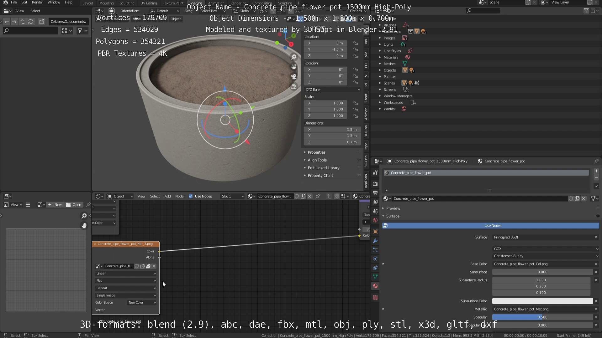 Concrete Pipe Flower Pot 1500mm High-Poly 3D model_60