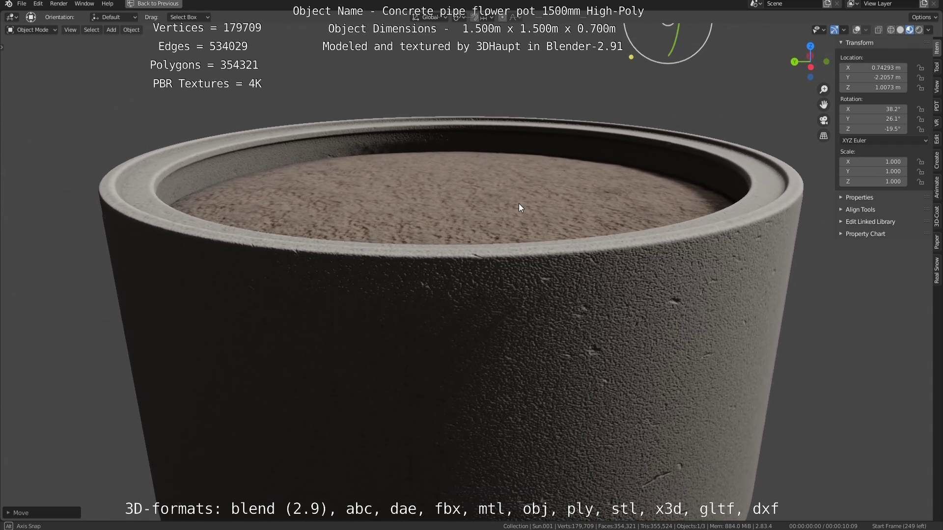 Concrete Pipe Flower Pot 1500mm High-Poly 3D model_29