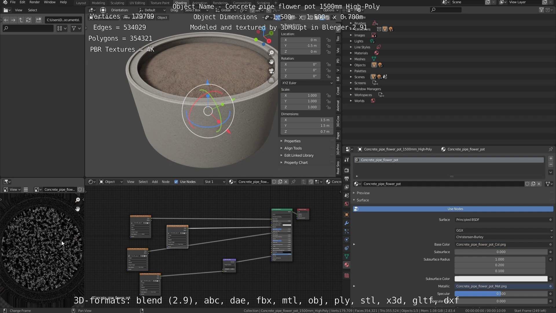 Concrete Pipe Flower Pot 1500mm High-Poly 3D model_4