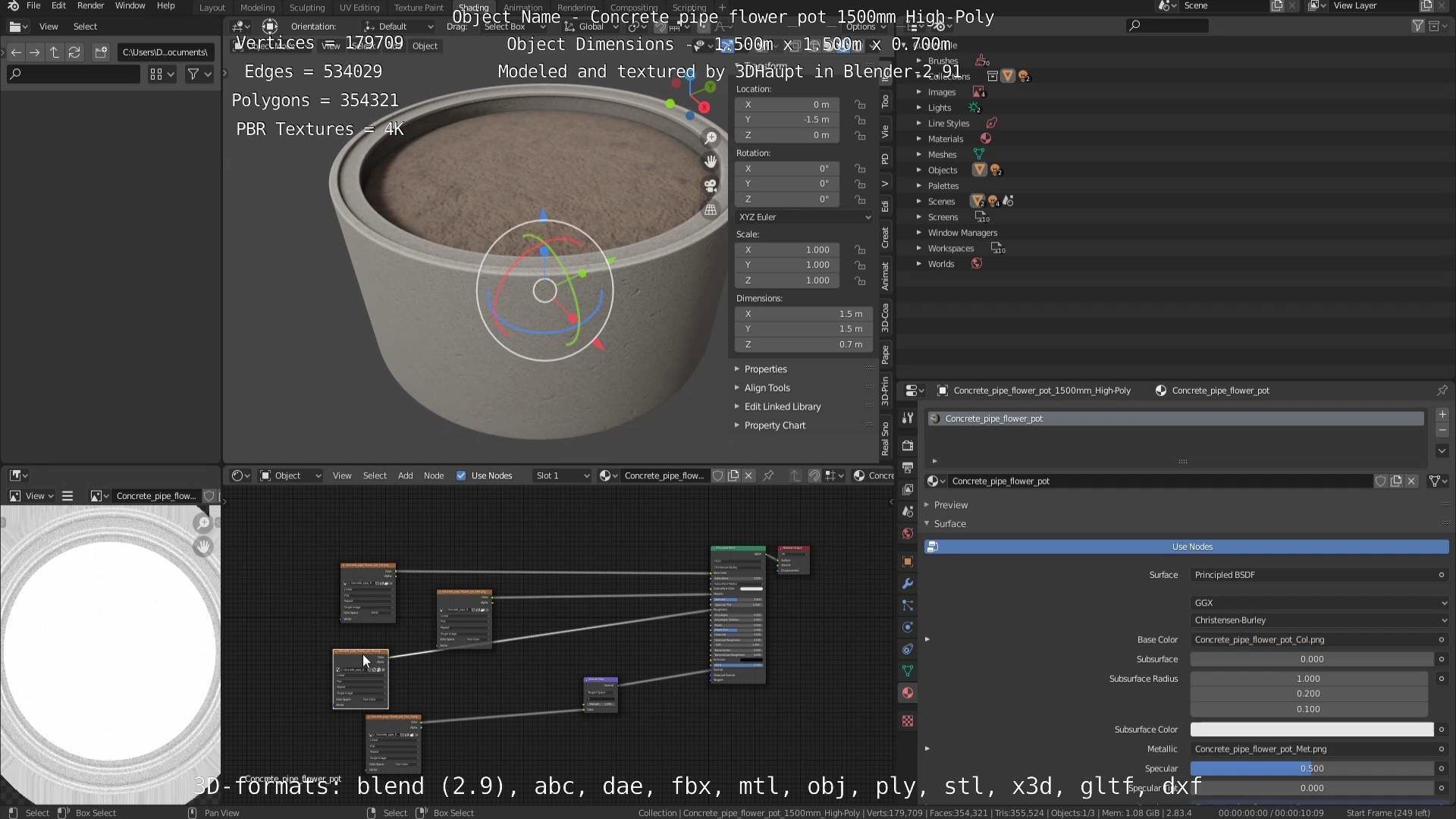 Concrete Pipe Flower Pot 1500mm High-Poly 3D model_90