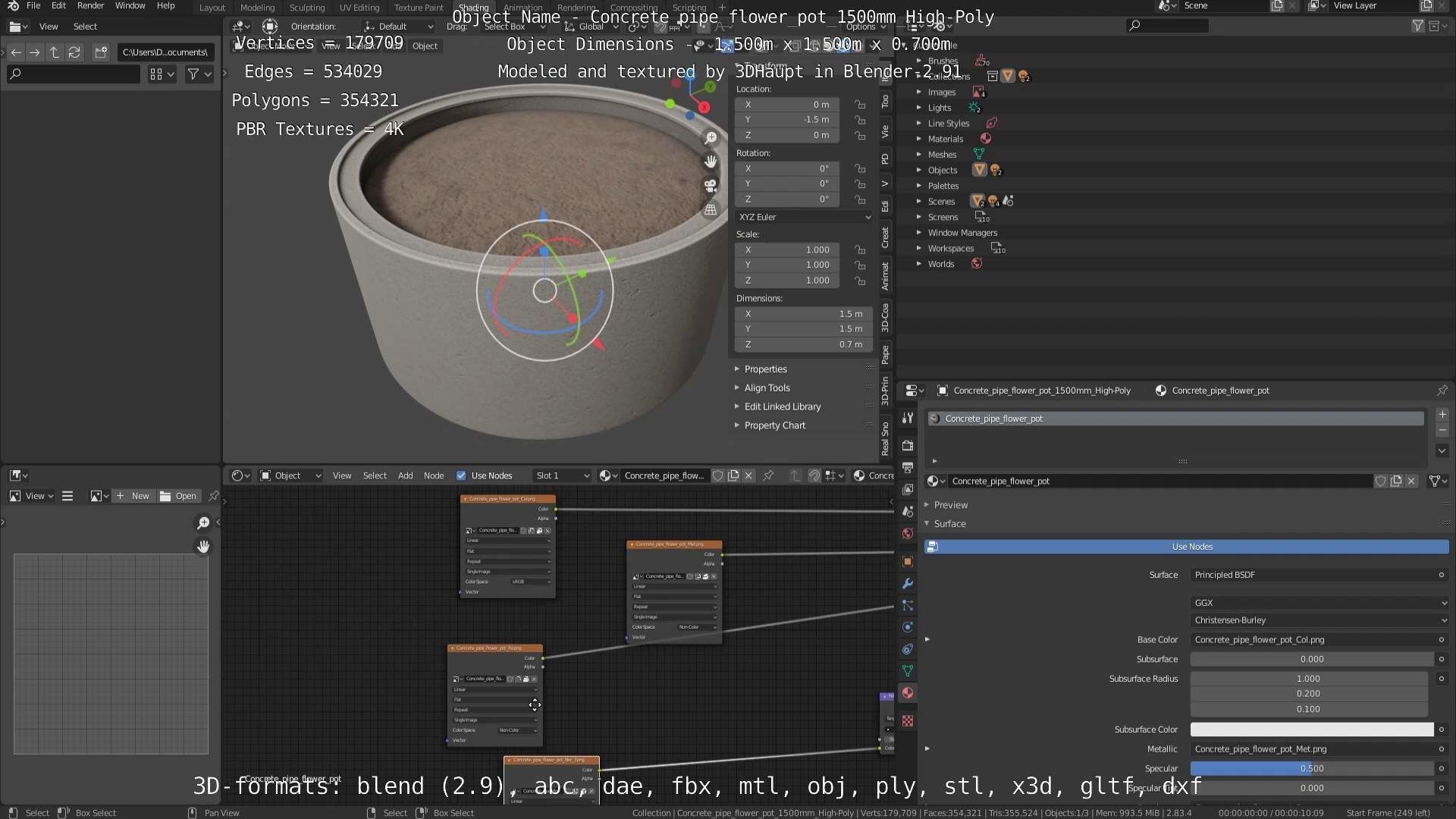 Concrete Pipe Flower Pot 1500mm High-Poly 3D model_3
