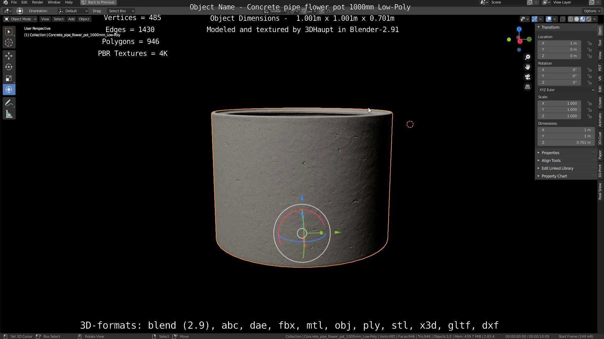 Concrete Pipe Flower Pot 1000mm Low-Poly Low-poly 3D model_112