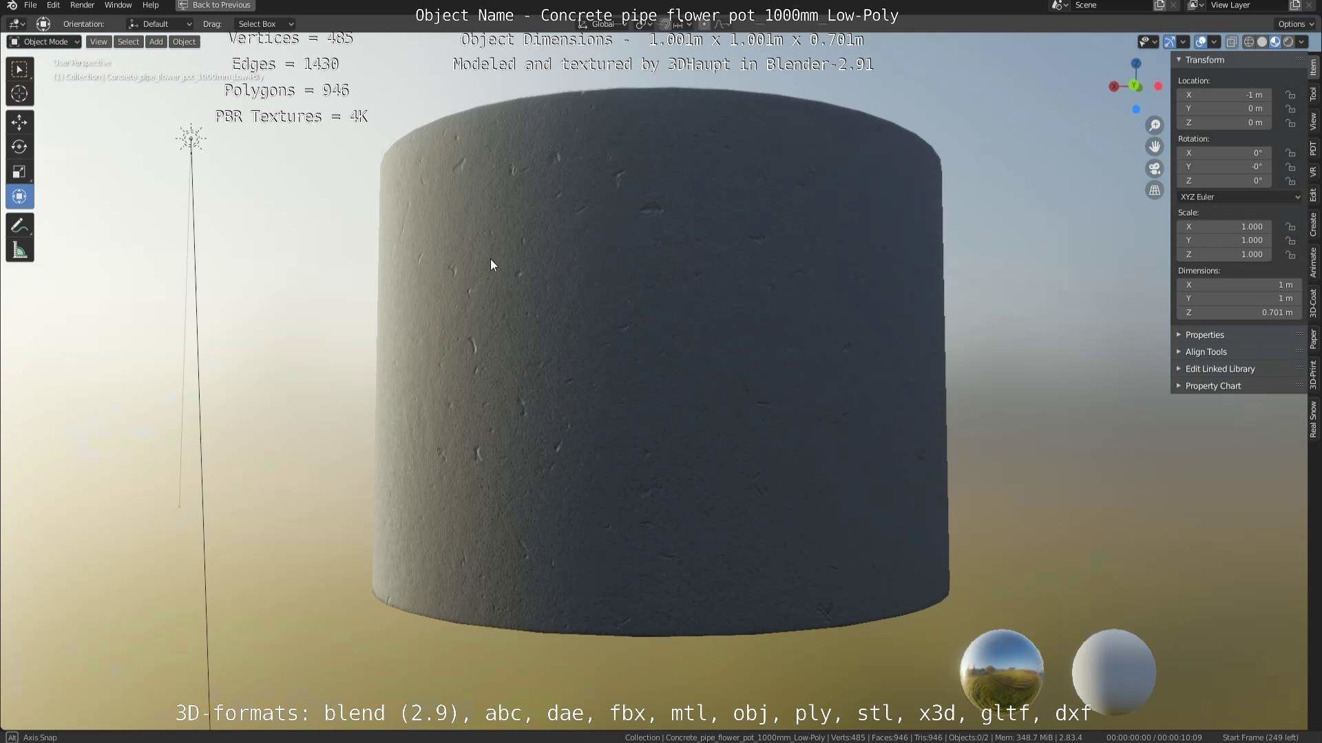 Concrete Pipe Flower Pot 1000mm Low-Poly Low-poly 3D model_67