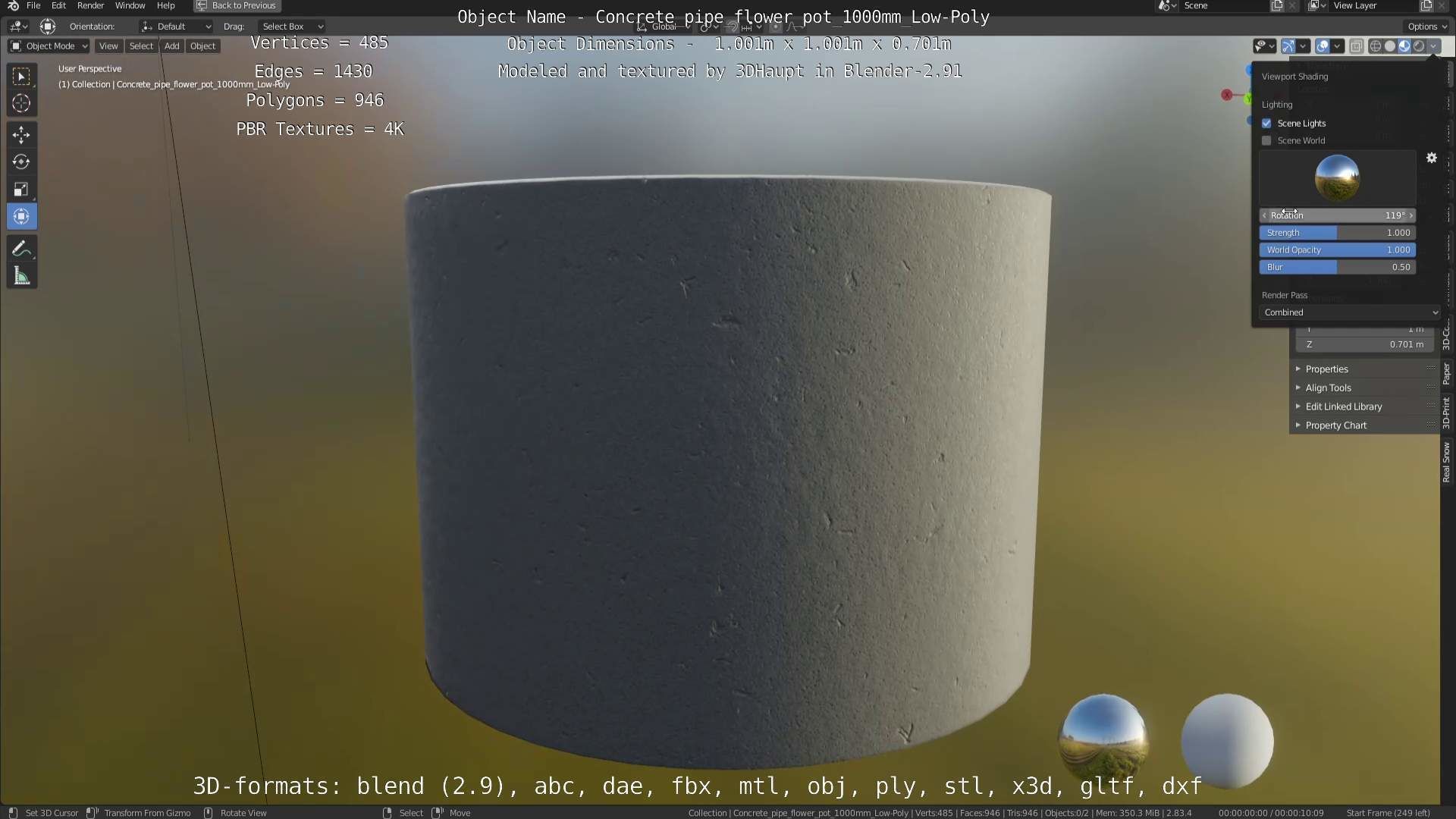 Concrete Pipe Flower Pot 1000mm Low-Poly Low-poly 3D model_61