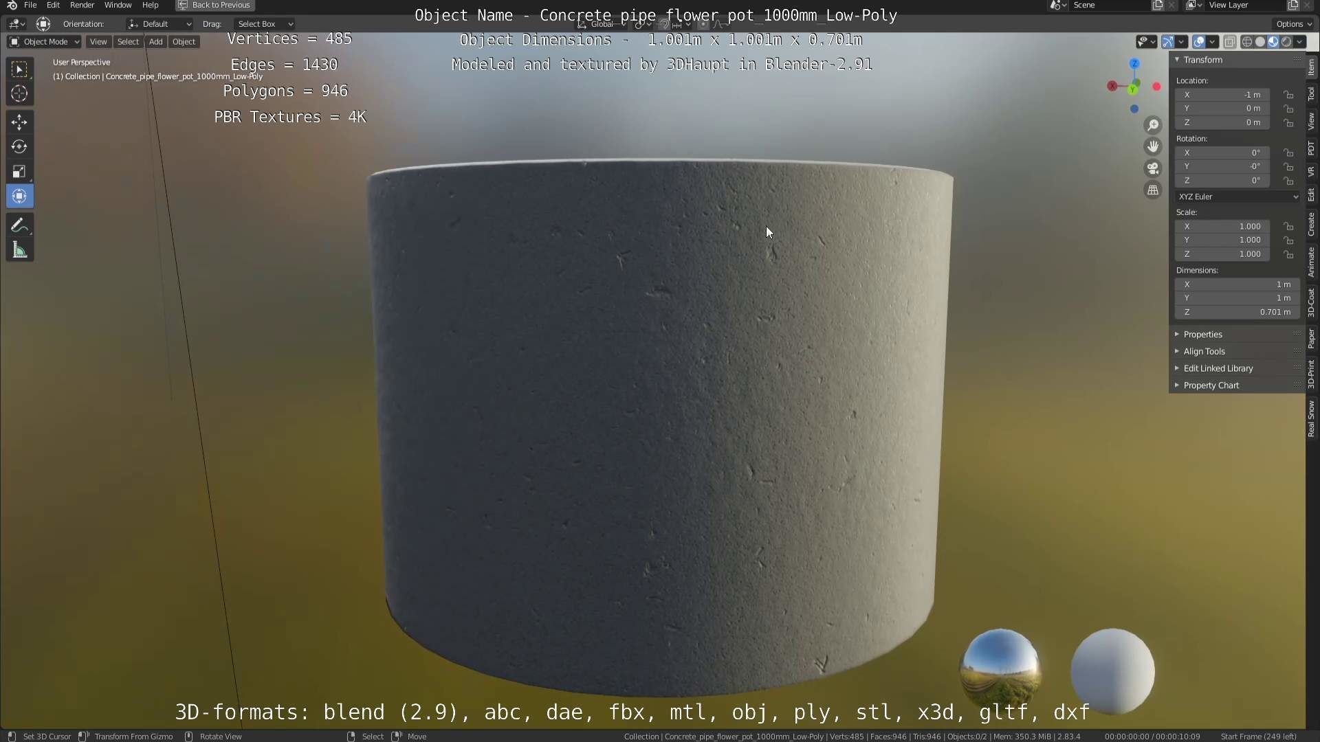 Concrete Pipe Flower Pot 1000mm Low-Poly Low-poly 3D model_62
