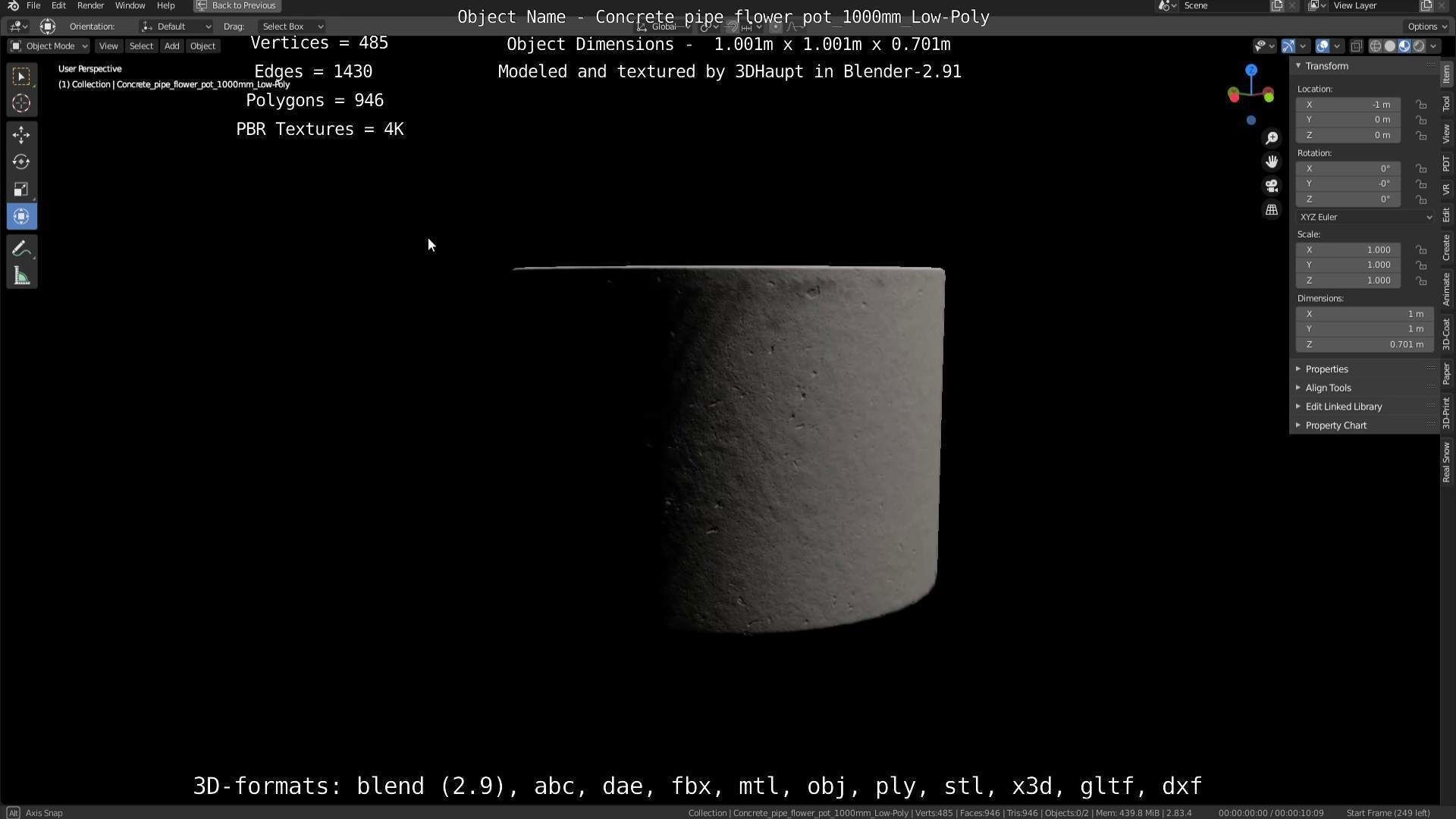 Concrete Pipe Flower Pot 1000mm Low-Poly Low-poly 3D model_21