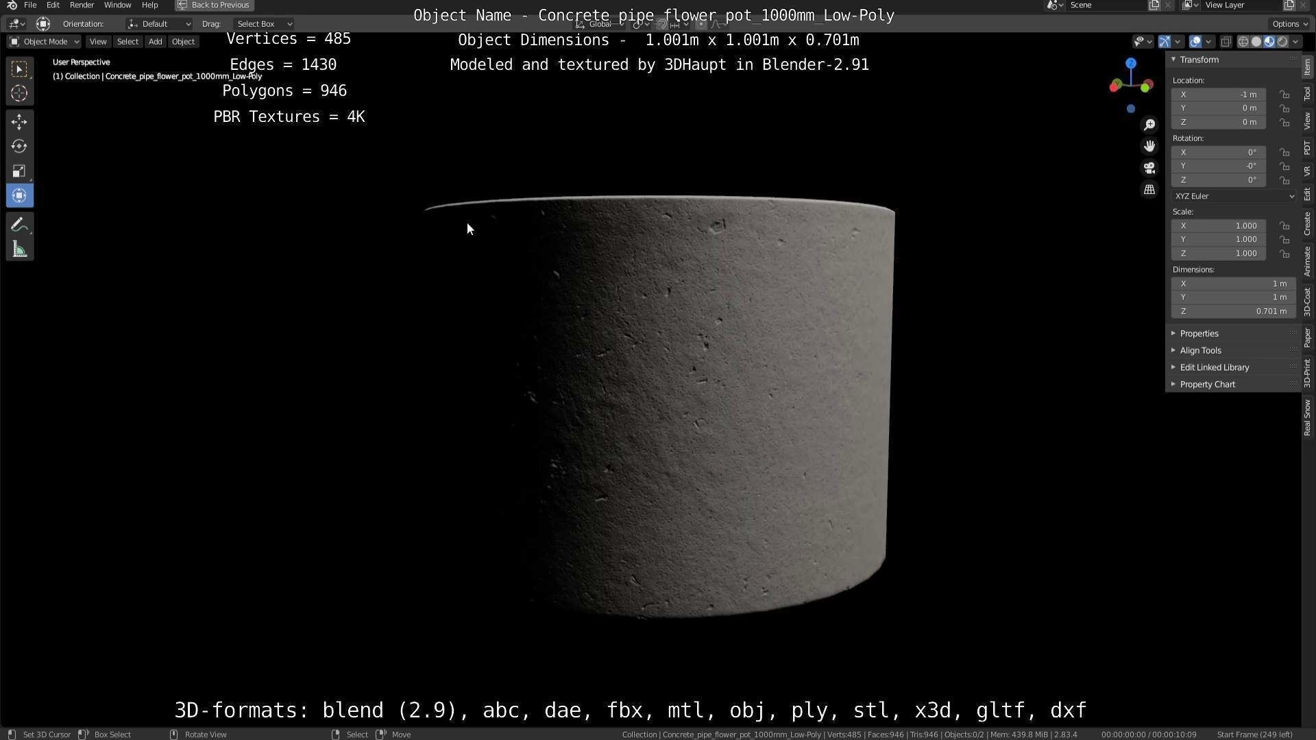 Concrete Pipe Flower Pot 1000mm Low-Poly Low-poly 3D model_116