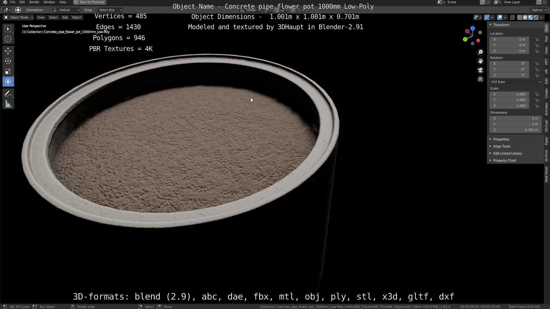 Concrete Pipe Flower Pot 1000mm Low-Poly Low-poly 3D model_125