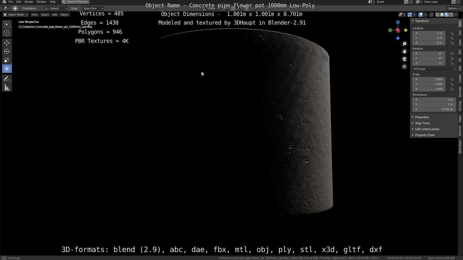 Concrete Pipe Flower Pot 1000mm Low-Poly Low-poly 3D model_118