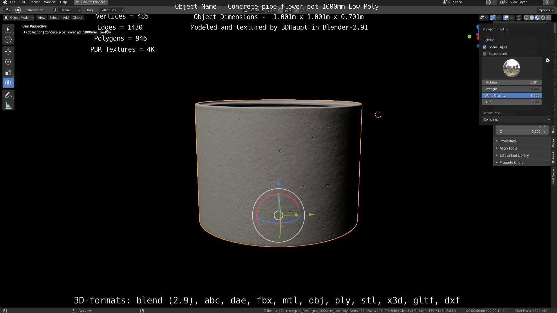 Concrete Pipe Flower Pot 1000mm Low-Poly Low-poly 3D model_109