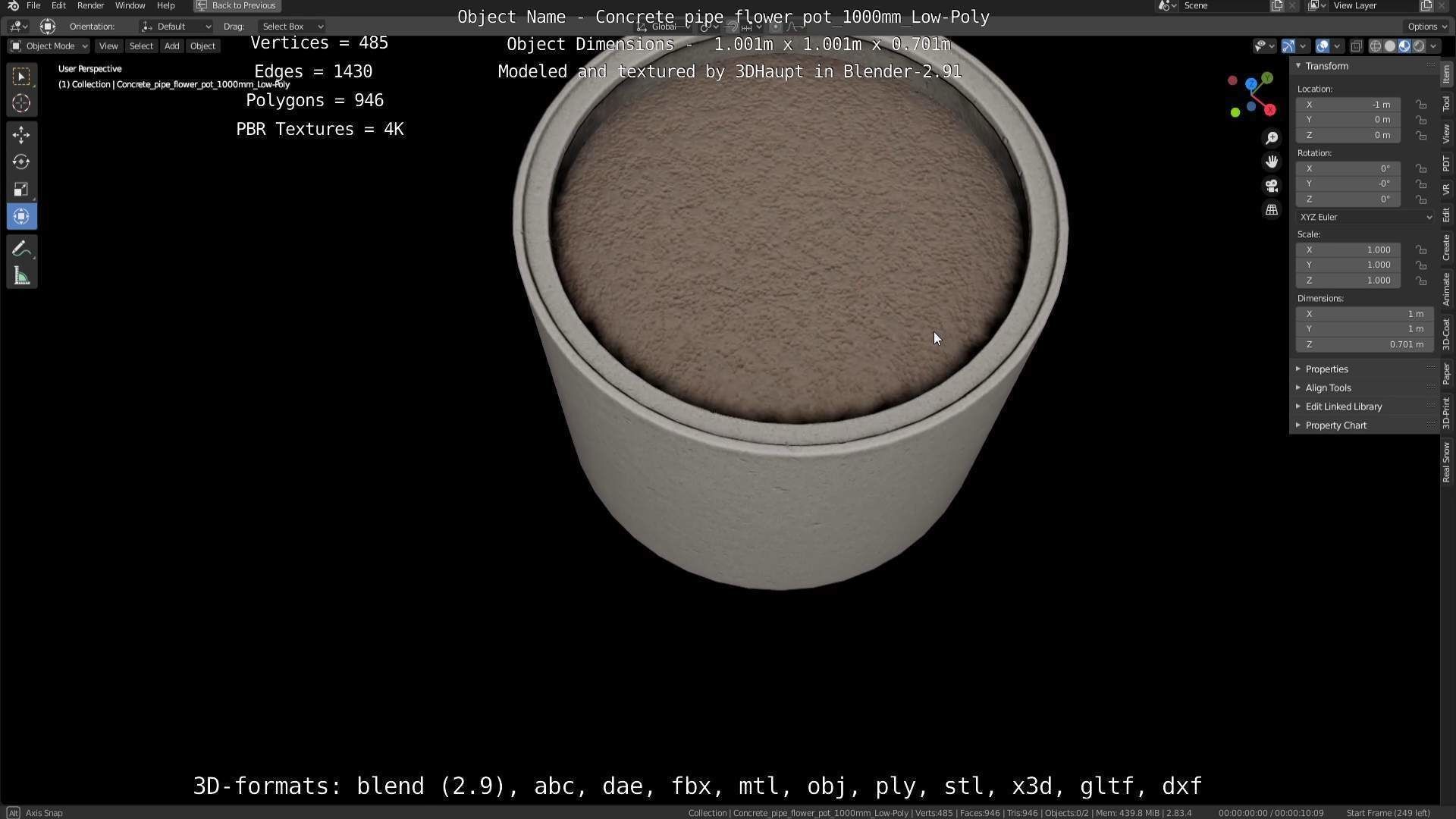 Concrete Pipe Flower Pot 1000mm Low-Poly Low-poly 3D model_128