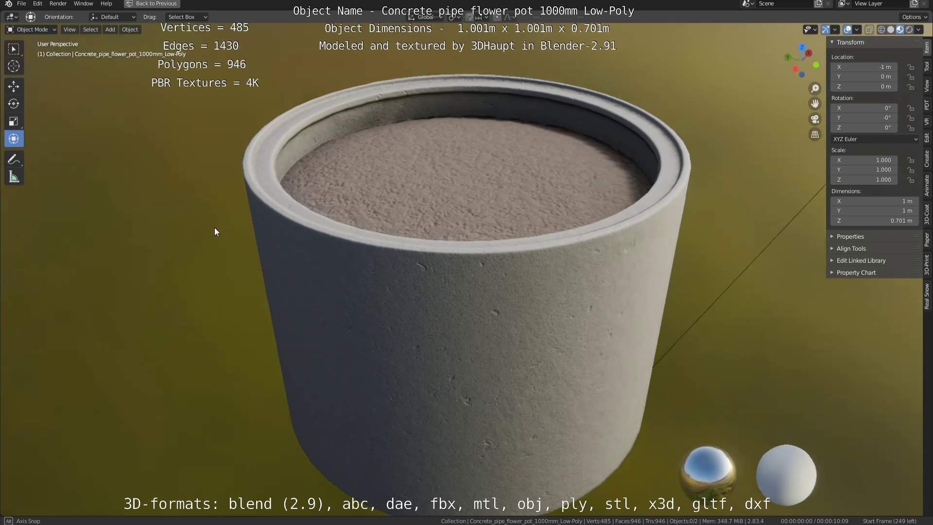 Concrete Pipe Flower Pot 1000mm Low-Poly Low-poly 3D model_78
