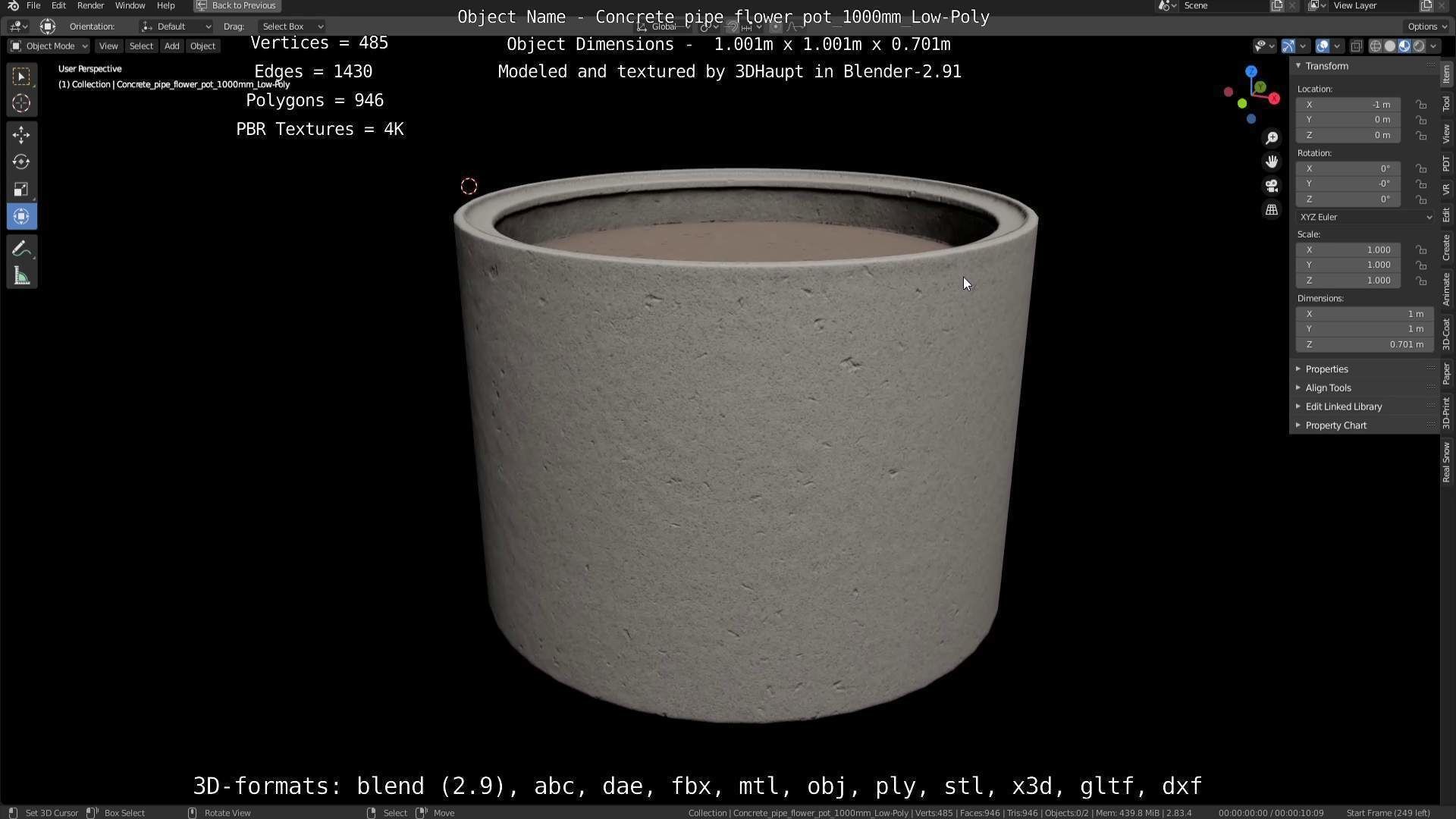 Concrete Pipe Flower Pot 1000mm Low-Poly Low-poly 3D model_131