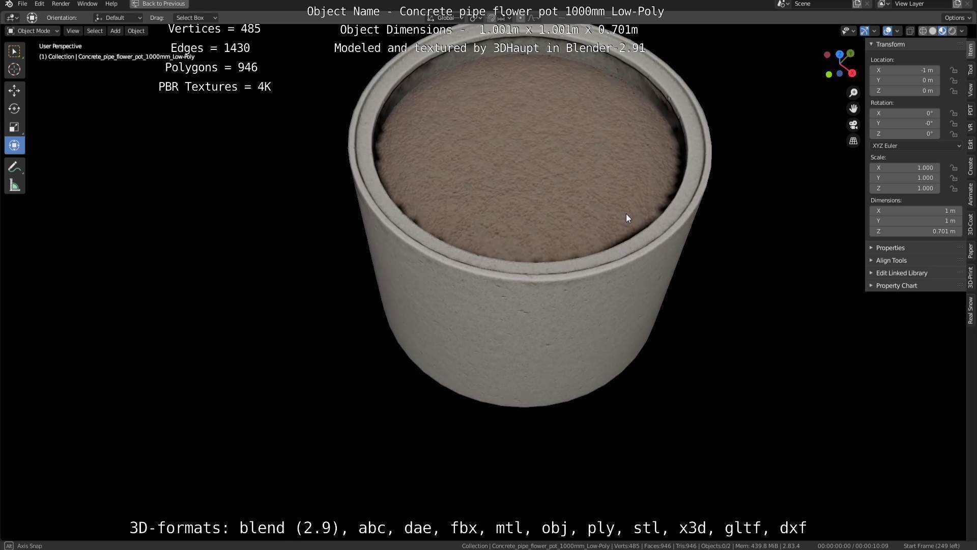 Concrete Pipe Flower Pot 1000mm Low-Poly Low-poly 3D model_127