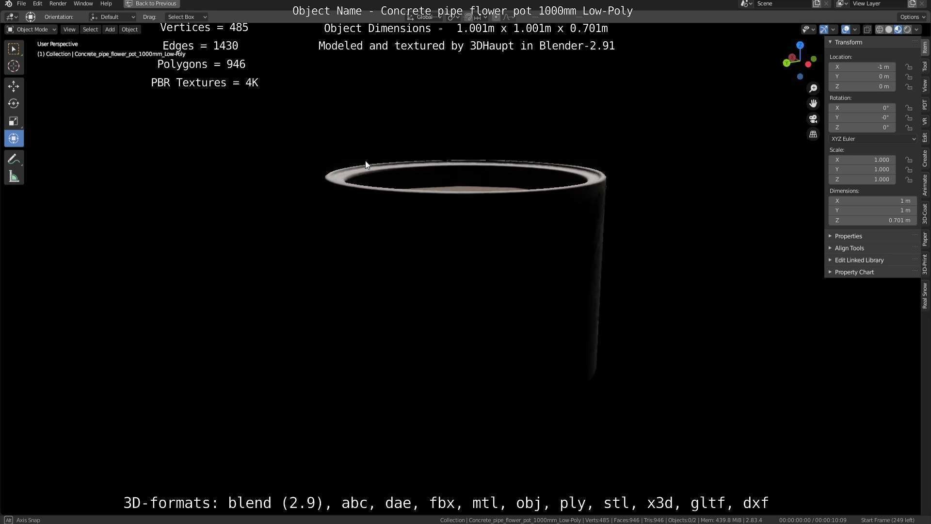 Concrete Pipe Flower Pot 1000mm Low-Poly Low-poly 3D model_115
