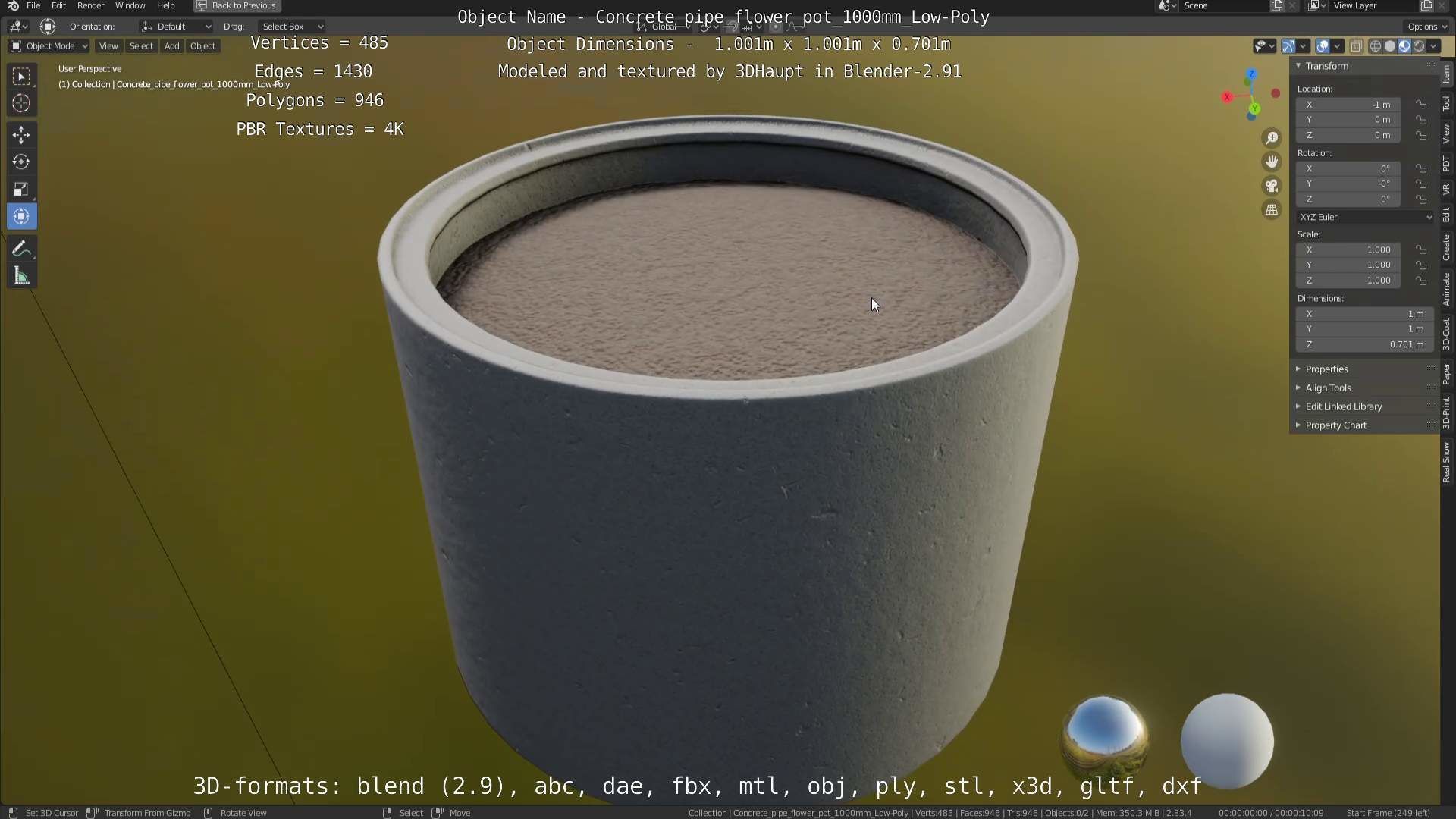 Concrete Pipe Flower Pot 1000mm Low-Poly Low-poly 3D model_68