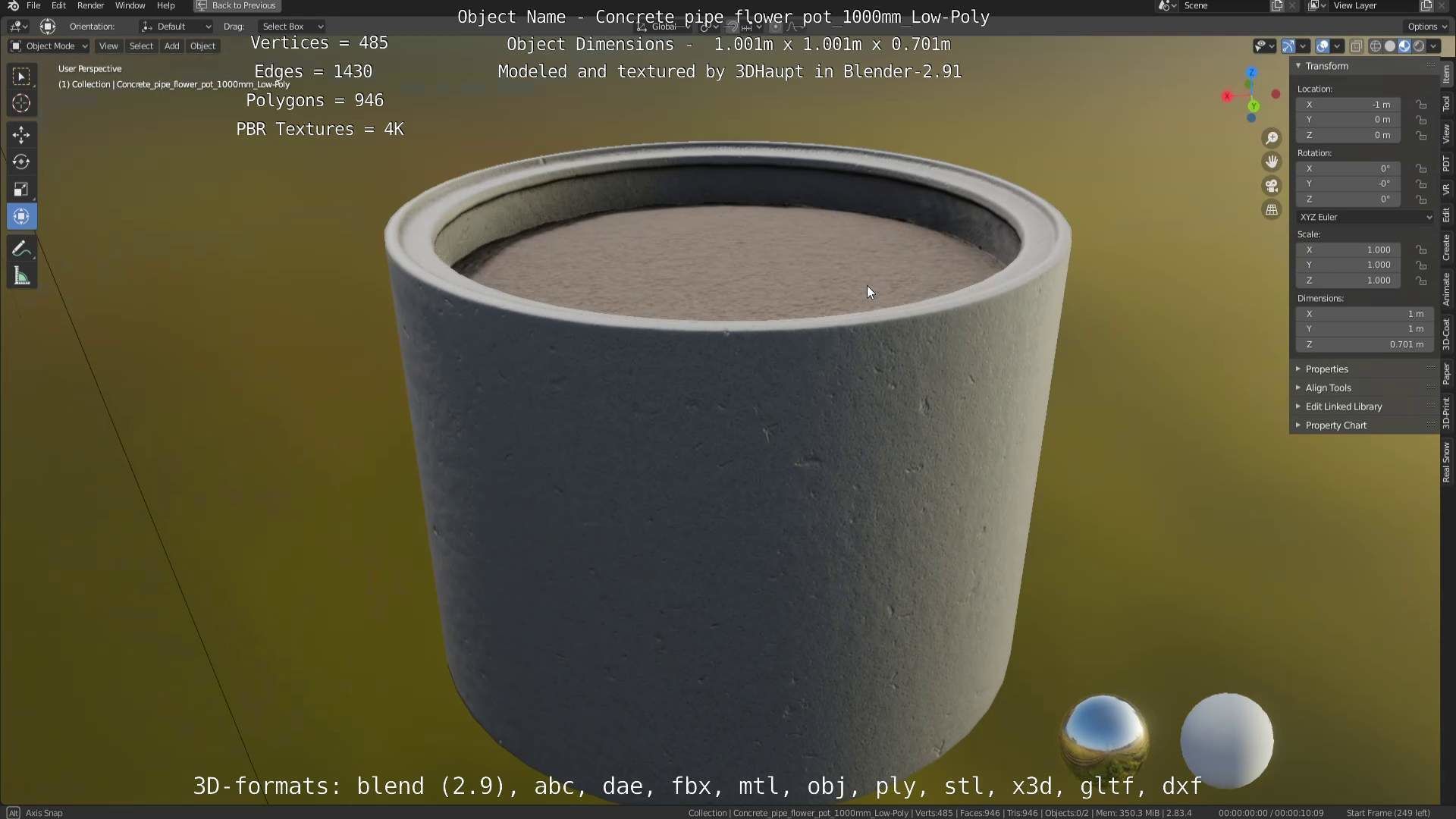 Concrete Pipe Flower Pot 1000mm Low-Poly Low-poly 3D model_63