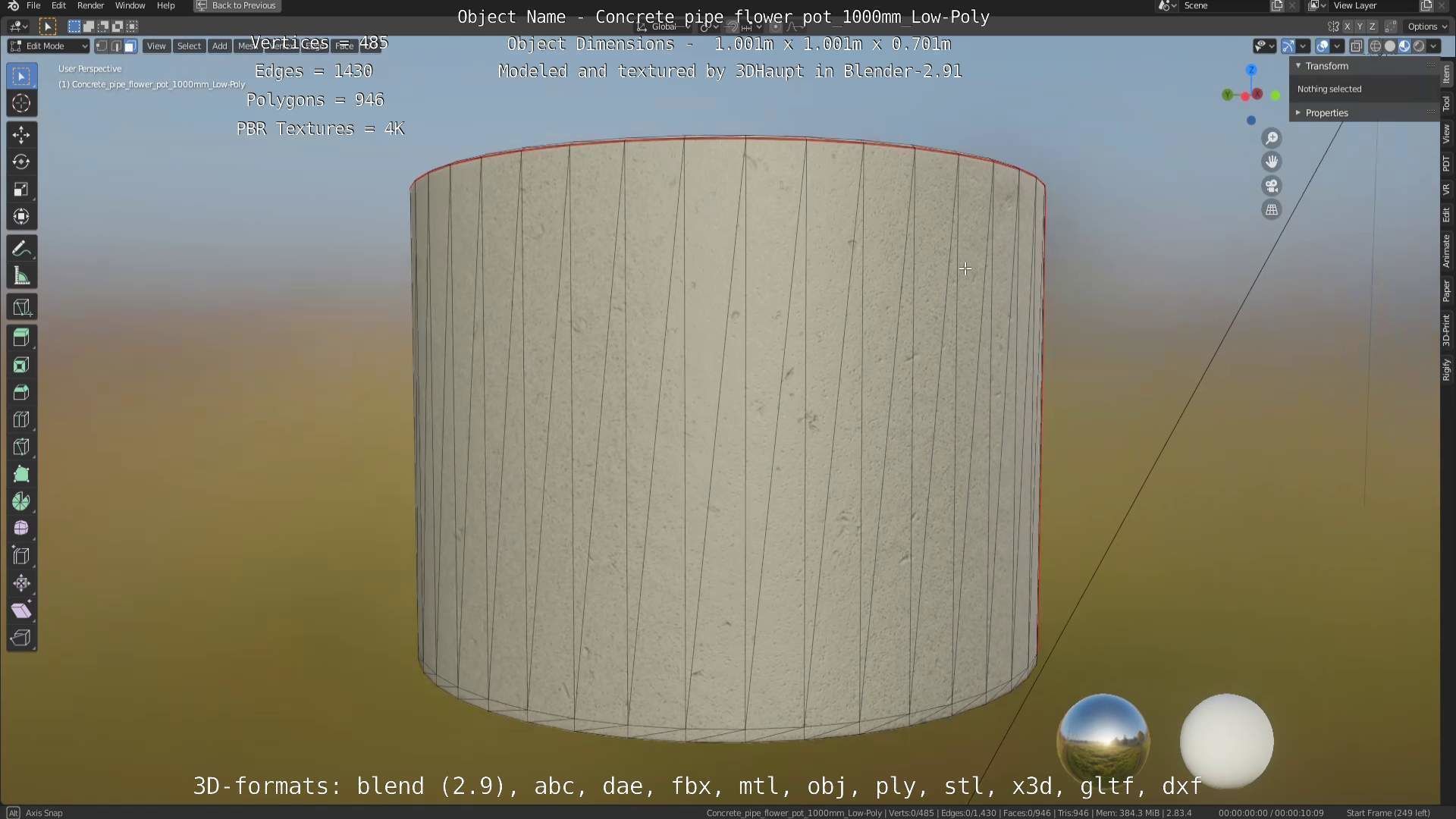 Concrete Pipe Flower Pot 1000mm Low-Poly Low-poly 3D model_84