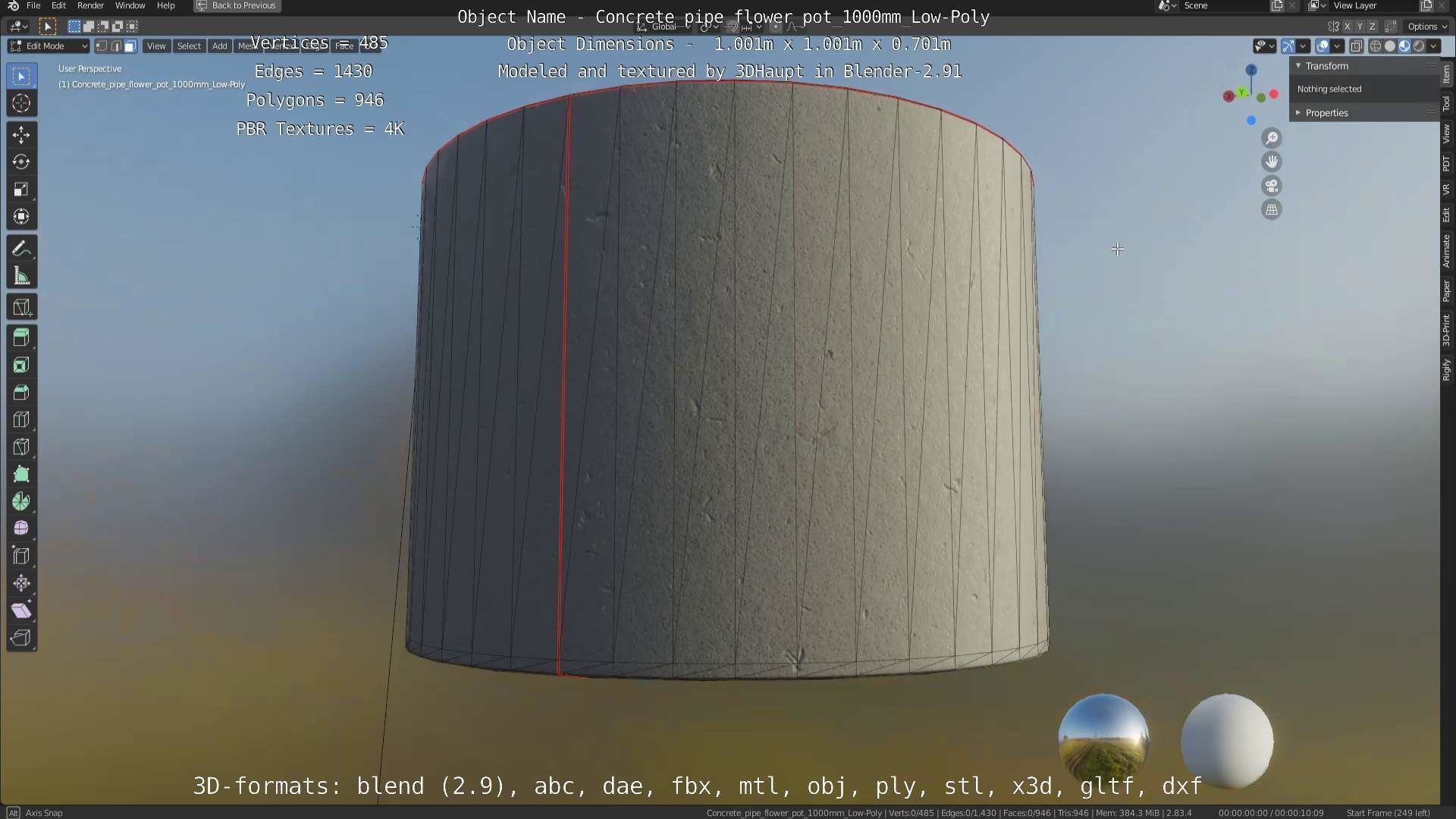 Concrete Pipe Flower Pot 1000mm Low-Poly Low-poly 3D model_86