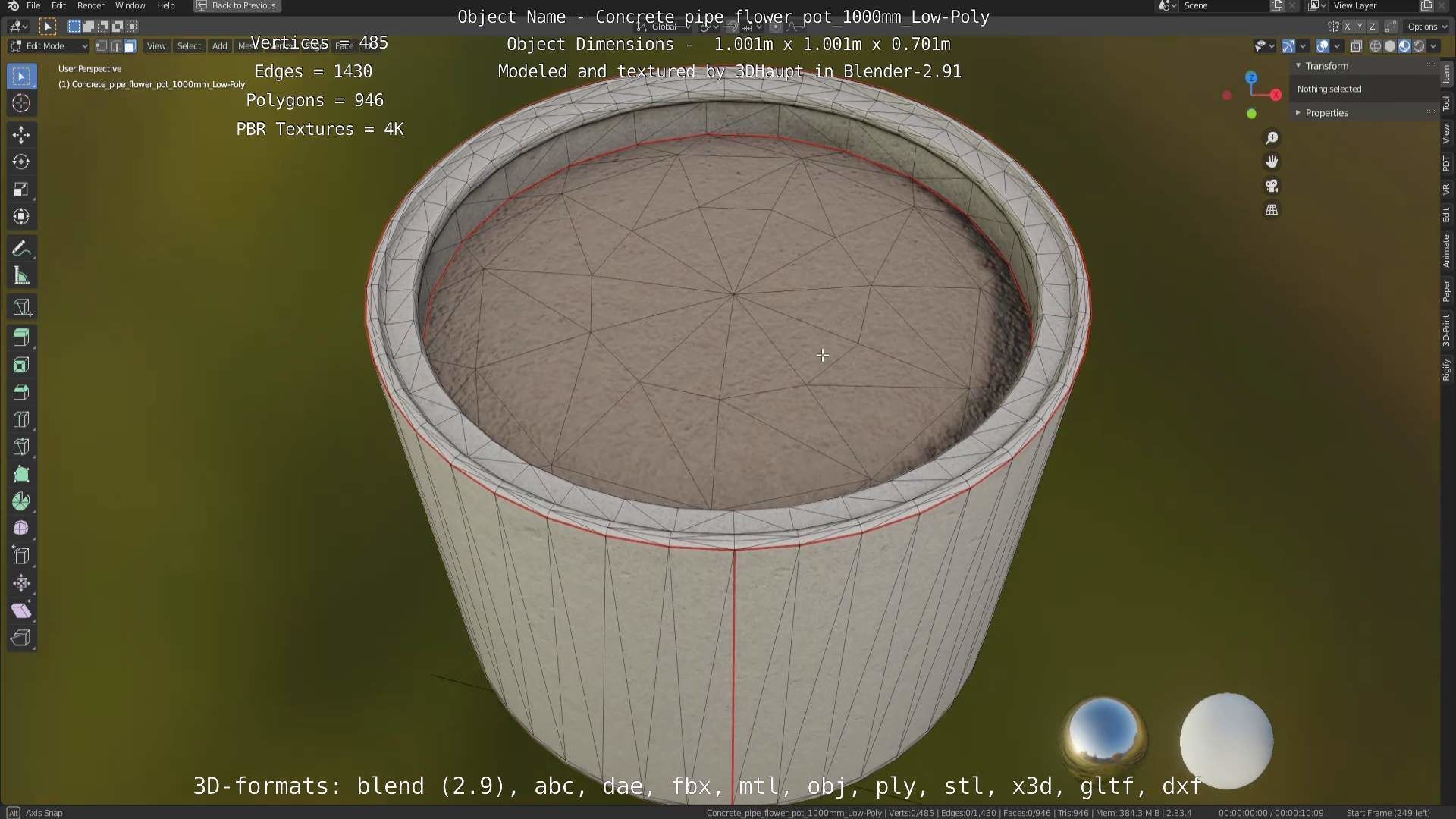 Concrete Pipe Flower Pot 1000mm Low-Poly Low-poly 3D model_80