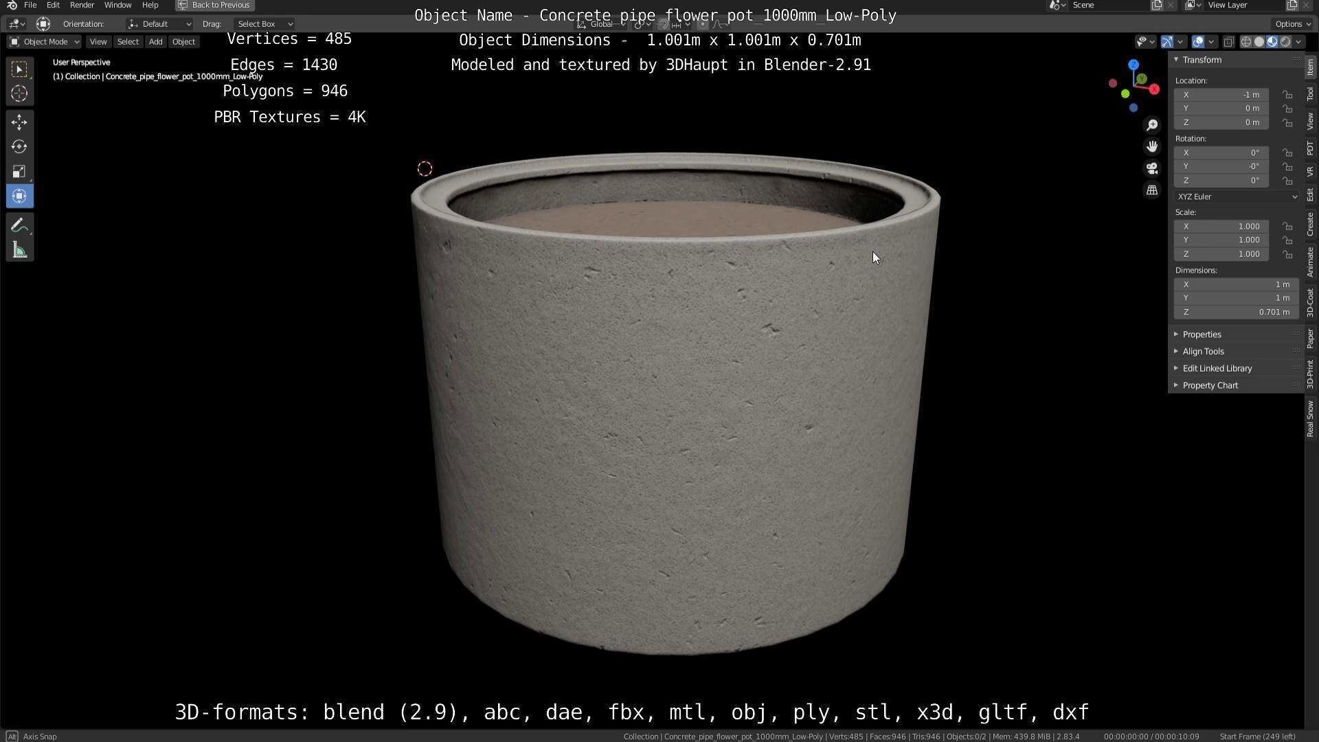 Concrete Pipe Flower Pot 1000mm Low-Poly Low-poly 3D model_33