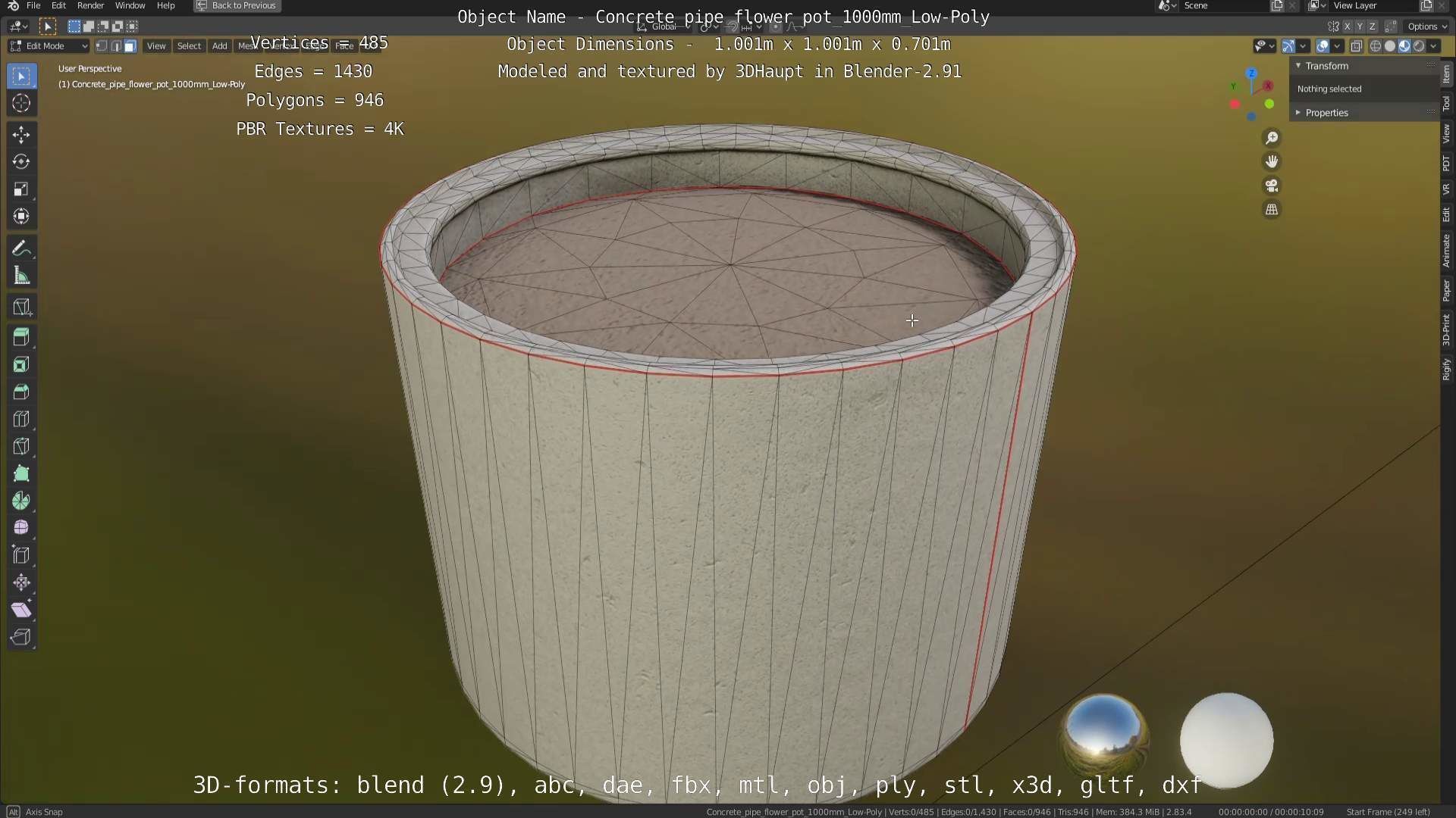 Concrete Pipe Flower Pot 1000mm Low-Poly Low-poly 3D model_82