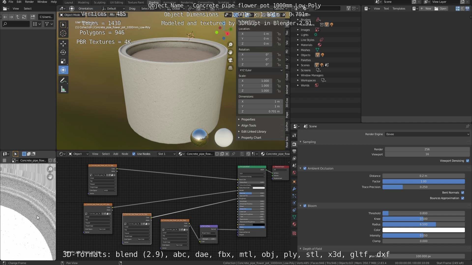 Concrete Pipe Flower Pot 1000mm Low-Poly Low-poly 3D model_46