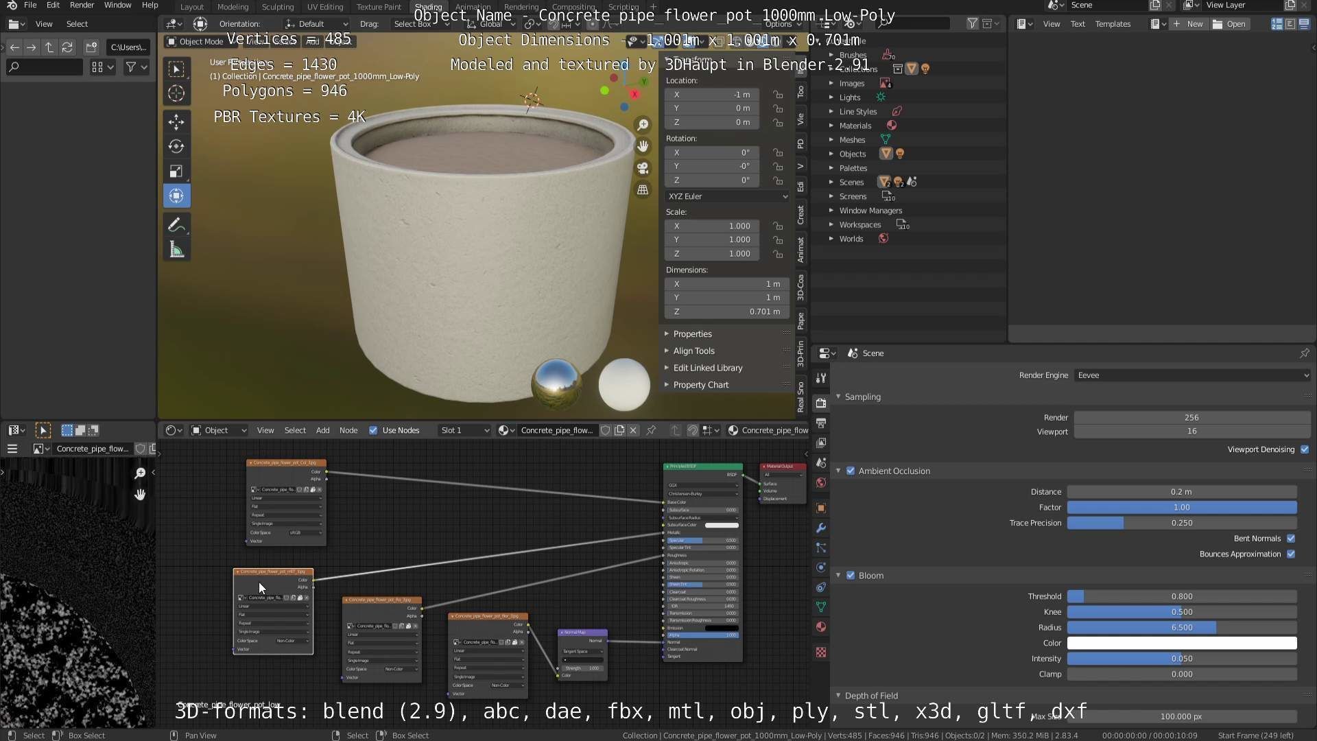 Concrete Pipe Flower Pot 1000mm Low-Poly Low-poly 3D model_37